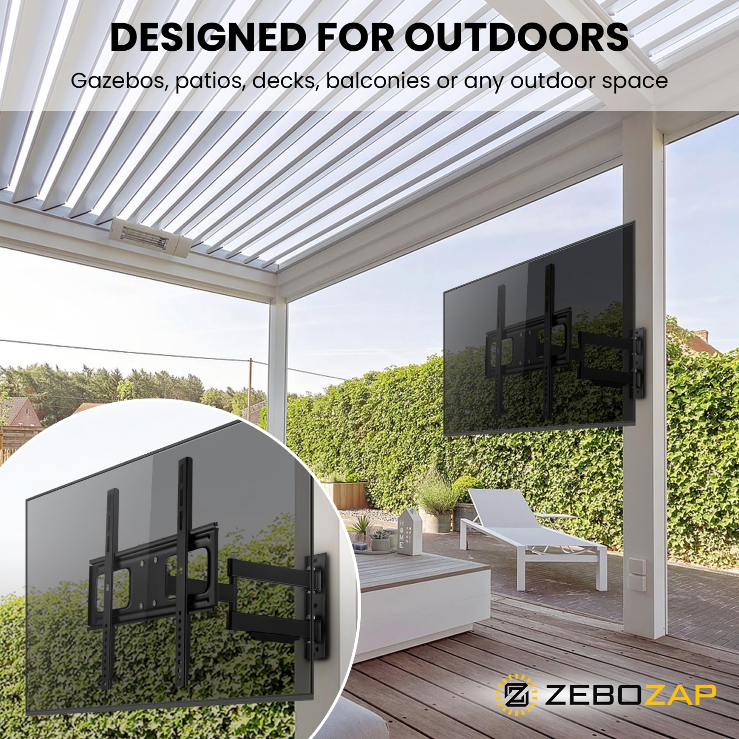 ZeboZap Full Motion Vinyl Siding TV mount | Mount on Vinyl Siding, Stucco, Brick and Stone | WeatherProof | Patio, Backyard | Stainless Steel H/w |