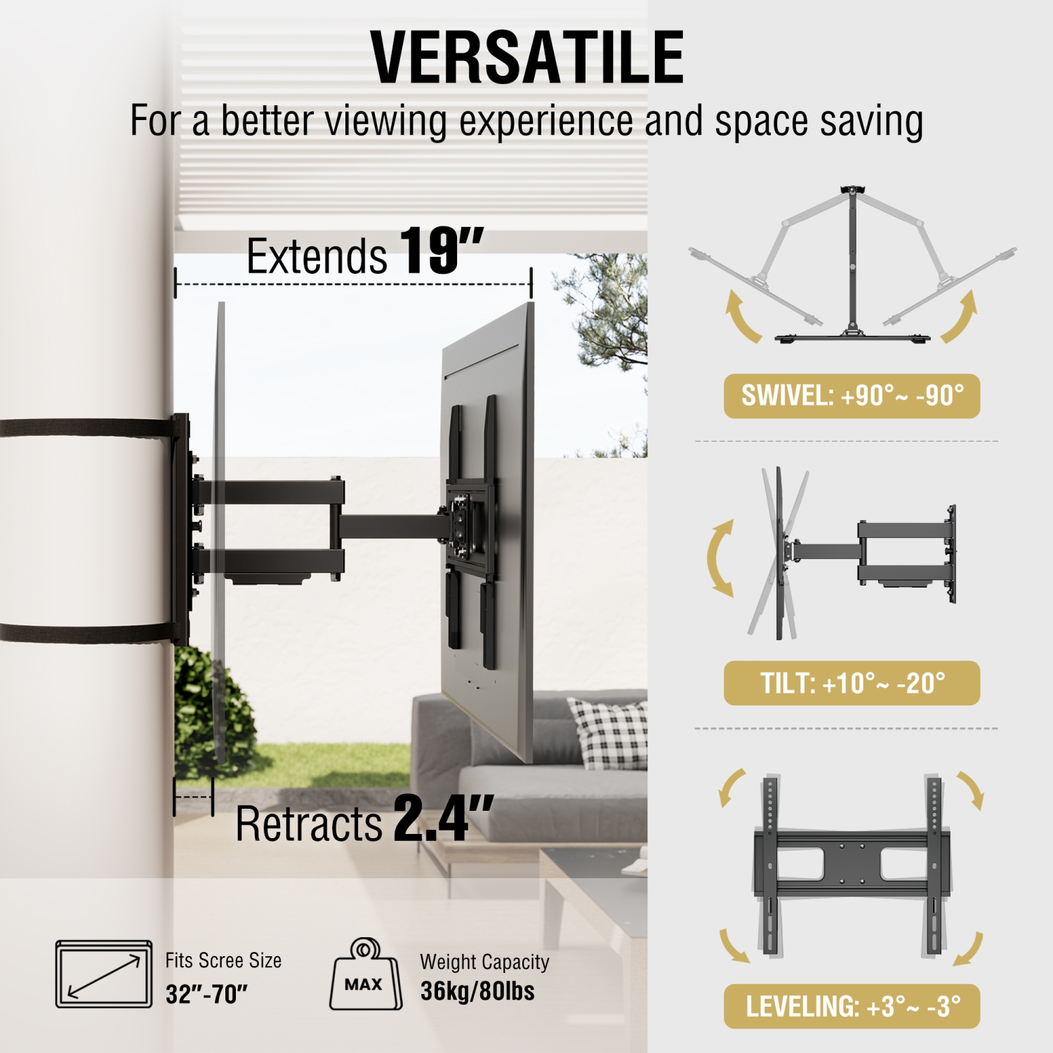 ZeboZap DIY Gazebo TV Mount | No Drill Full Motion | Outdoor TV Mount | Patio/Pergola/Post TV Mount | Stainless Steel Screws | Weatherproof | Holds