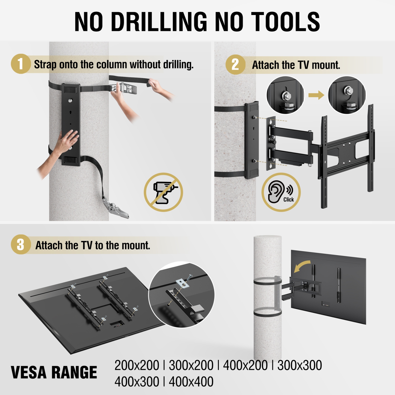 ZeboZap DIY Gazebo TV Mount | No Drill Full Motion | Outdoor TV Mount | Patio/Pergola/Post TV Mount | Stainless Steel Screws | Weatherproof | Holds