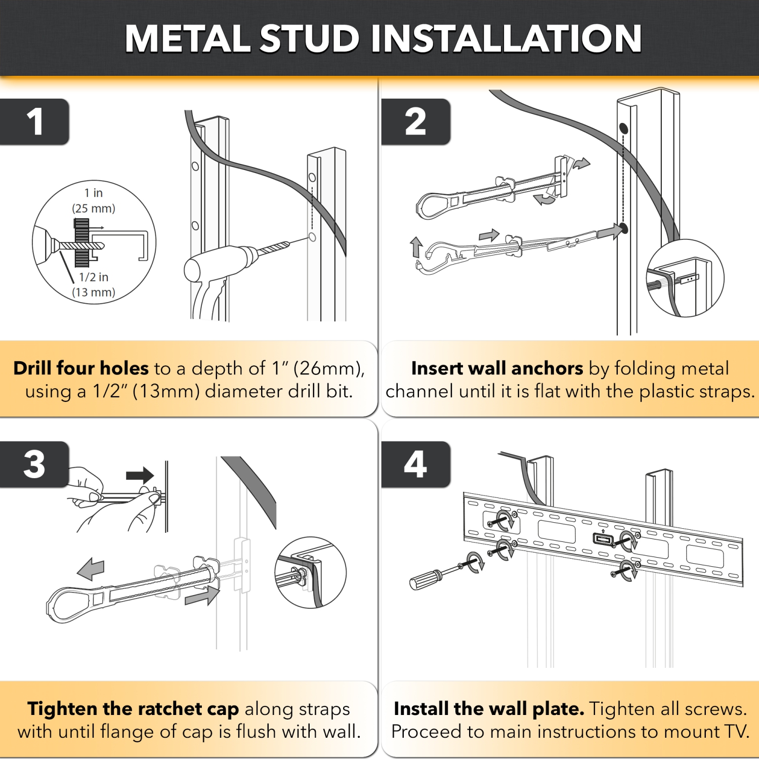CondoMounts Fixed TV Wall Mount for Steel Stud | NO Stud Drywall | TV Mount Metal Studs | Holds 132lbs | Fits 42"-75" TVs | Includes Elephant Anchor