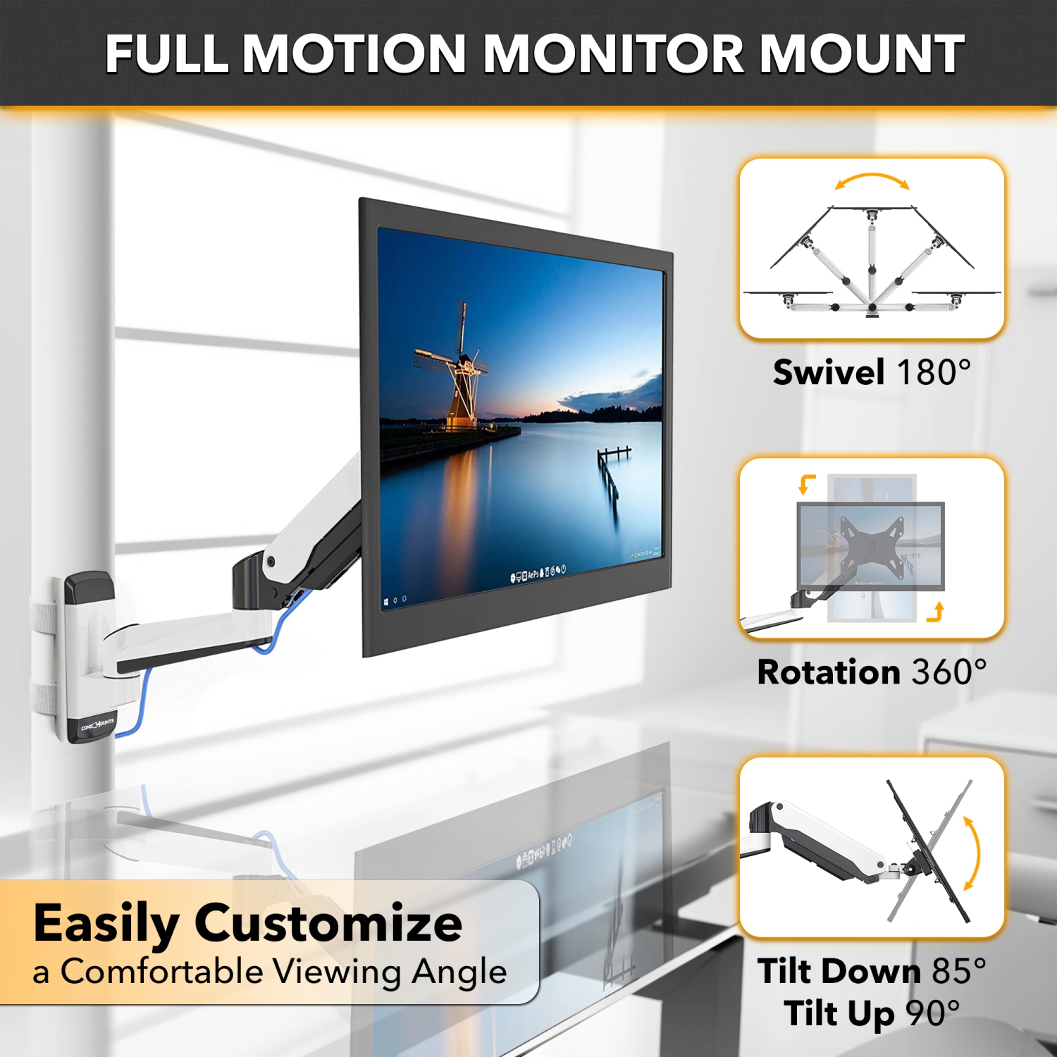 CondoMounts NO Drill Full Motion Pillar Monitor Mount | WorkBench Monitor Mount | Pallet Rack | GAS Spring Arm with VESA Plate | Holds 18lbs | Up to