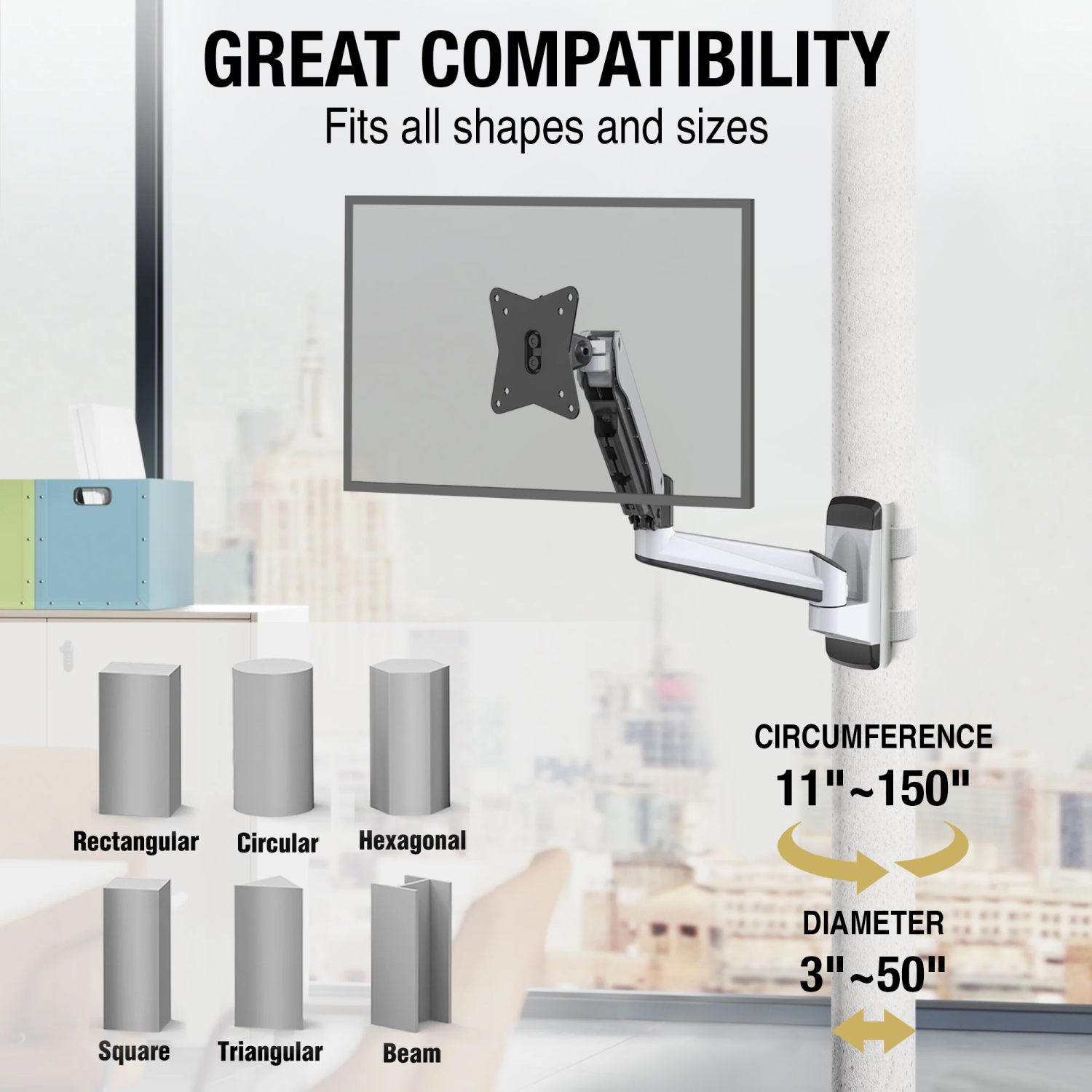 CondoMounts NO Drill Full Motion Pillar Monitor Mount | WorkBench Monitor Mount | Pallet Rack | GAS Spring Arm with VESA Plate | Holds 18lbs | Up to