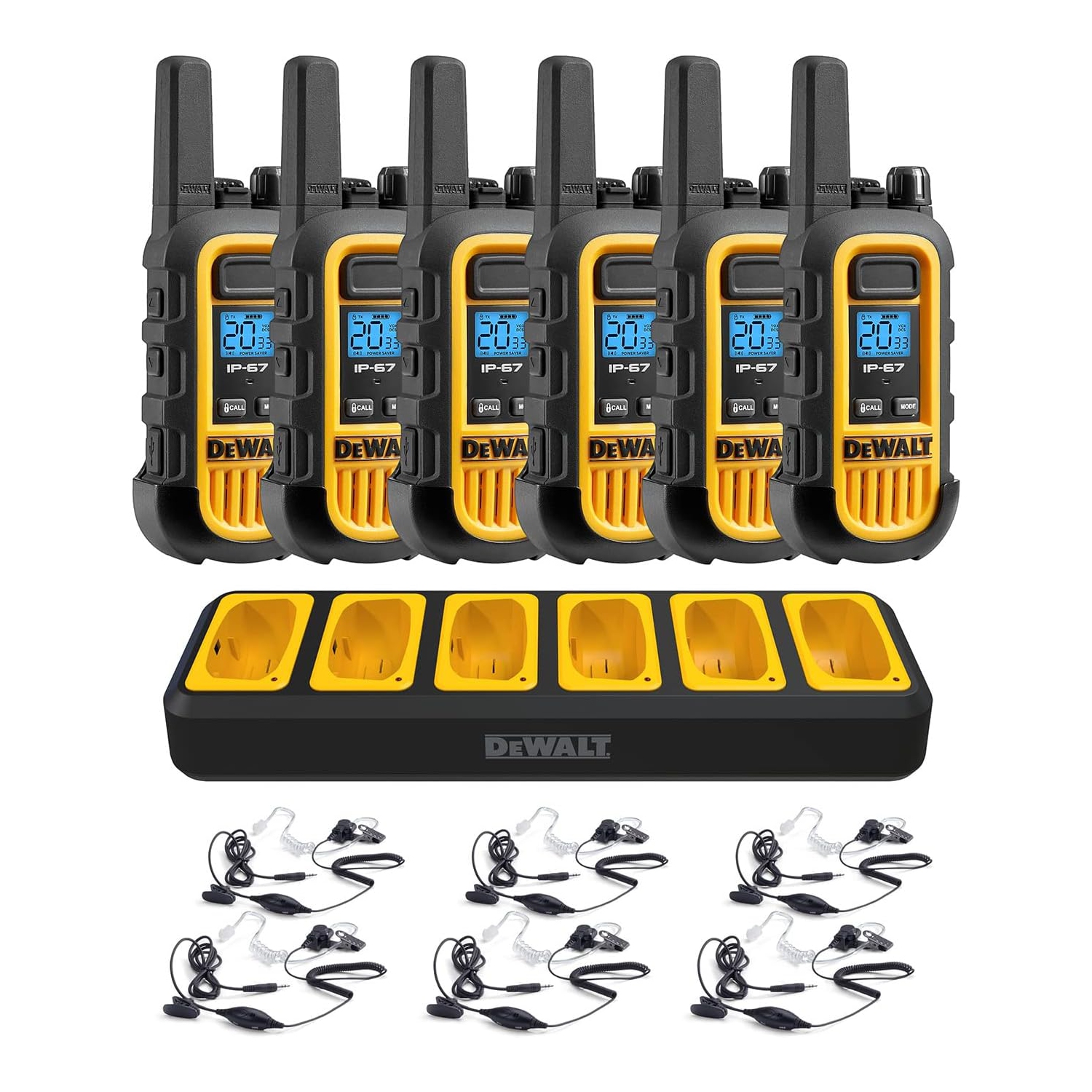 6 DEWALT Walkie Talkies PLUS Earpieces - DXFRS300 1 Watt Heavy Duty Waterproof, Shock Resistant, Long Range Two-Way Radio Set with VOX, 6 Radios and 6 DXFRS-SV1 Headsets (7273794)