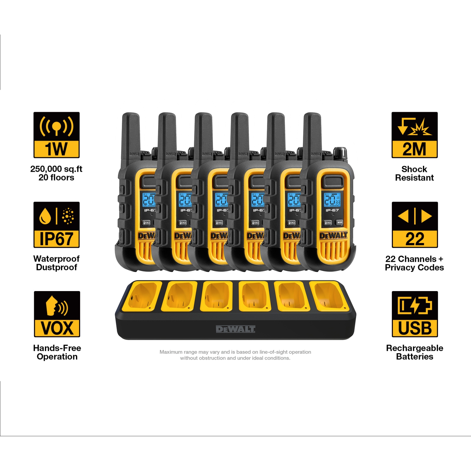 6 × DeWalt DXFRS300 + Earpieces Worksite Walkie Talkies – 1W Heavy-Duty Rechargeable Two-Way Radios with VOX, 22 Channels, Waterproof + Charging Docks