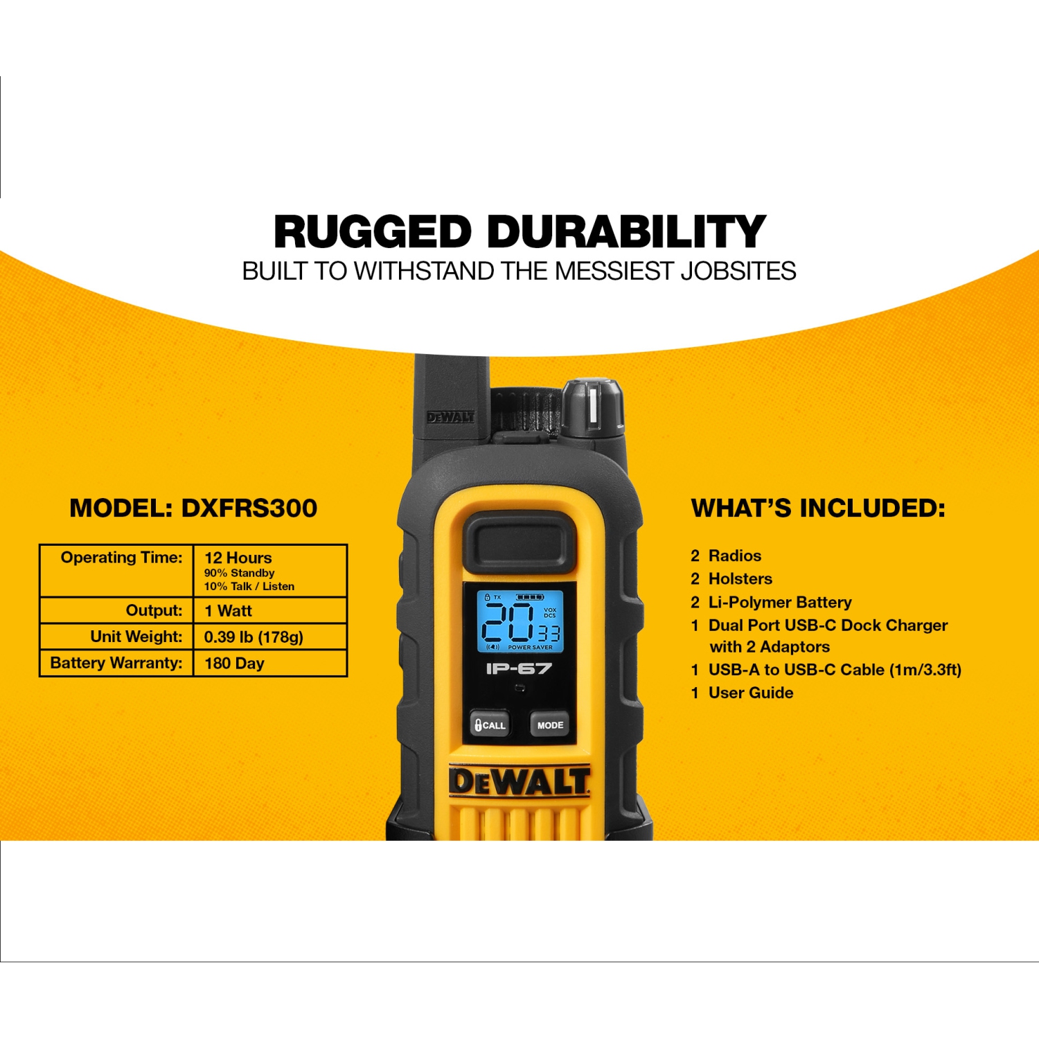 6 × DeWalt DXFRS300 + Earpieces Worksite Walkie Talkies – 1W Heavy-Duty Rechargeable Two-Way Radios with VOX, 22 Channels, Waterproof + Charging Docks