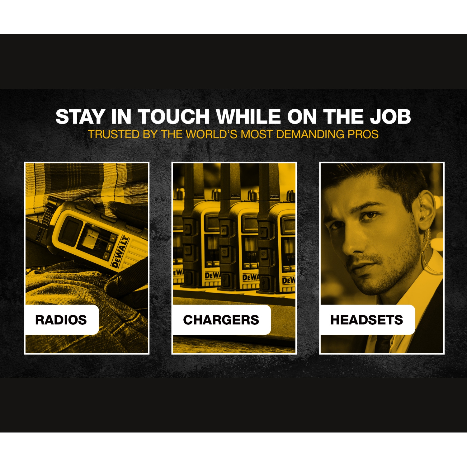 6 × DeWalt DXFRS300 + Earpieces Worksite Walkie Talkies – 1W Heavy-Duty Rechargeable Two-Way Radios with VOX, 22 Channels, Waterproof + Charging Docks