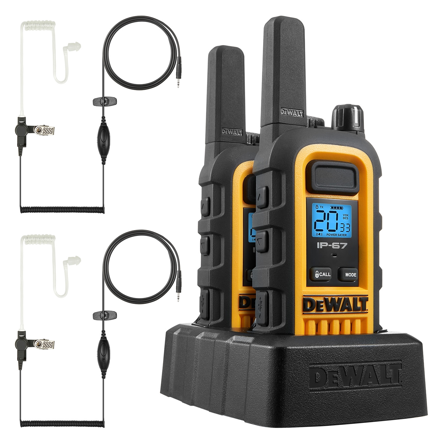 2 DEWALT Walkie Talkies PLUS Earpieces - DXFRS300 1 Watt Heavy Duty Waterproof, Shock Resistant, Long Range Two-Way Radio Set with VOX, 2 Radios and 2 DXFRS-SV1 Headsets (7273792)