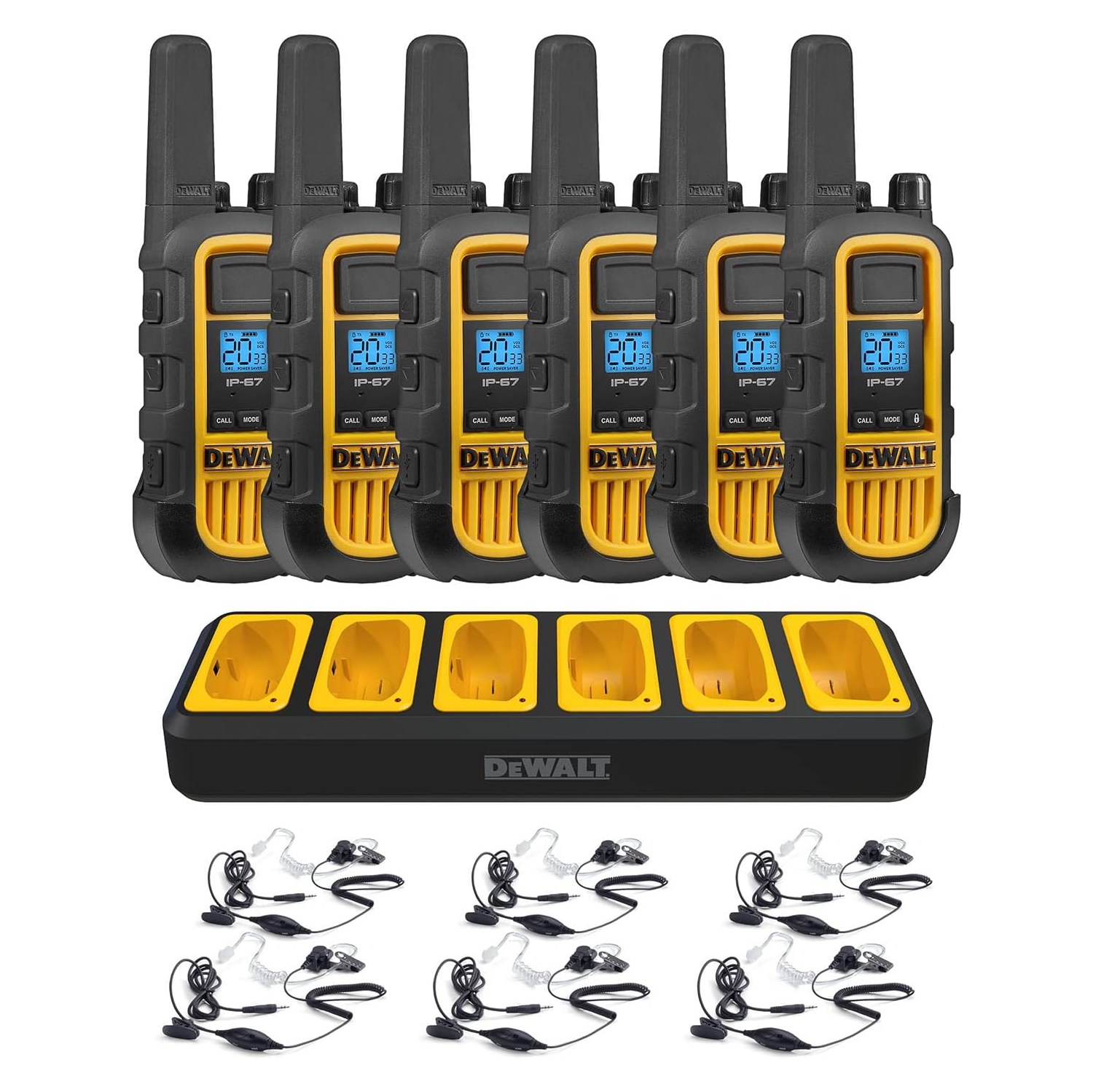 6 DEWALT Walkie Talkies PLUS Earpieces - DXFRS800 2 Watt Heavy Duty Waterproof, Shock Resistant, Long Range Two-Way Radio Set with VOX, 6 Radios and 6 DXFRS-SV1 Headsets (7273795)