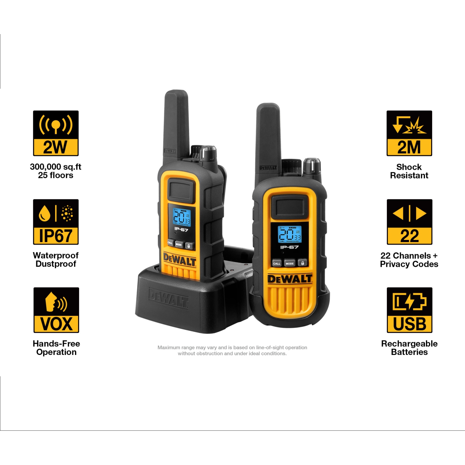 6 × DeWalt DXFRS800 + Earpieces Worksite Walkie Talkies – 2W Heavy-Duty Rechargeable Two-Way Radios with VOX, 22 Channels, Waterproof + Charging Docks