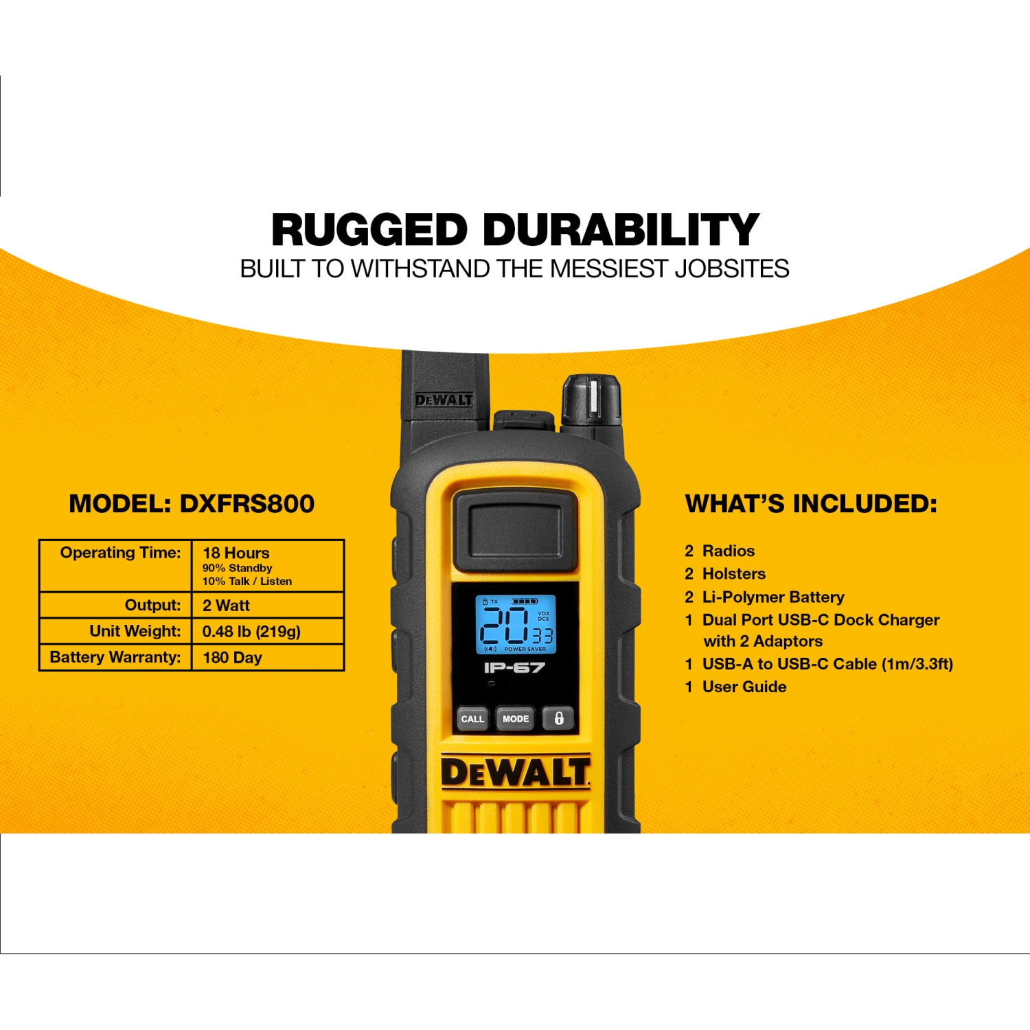 6 × DeWalt DXFRS800 + Earpieces Worksite Walkie Talkies – 2W Heavy-Duty Rechargeable Two-Way Radios with VOX, 22 Channels, Waterproof + Charging Docks