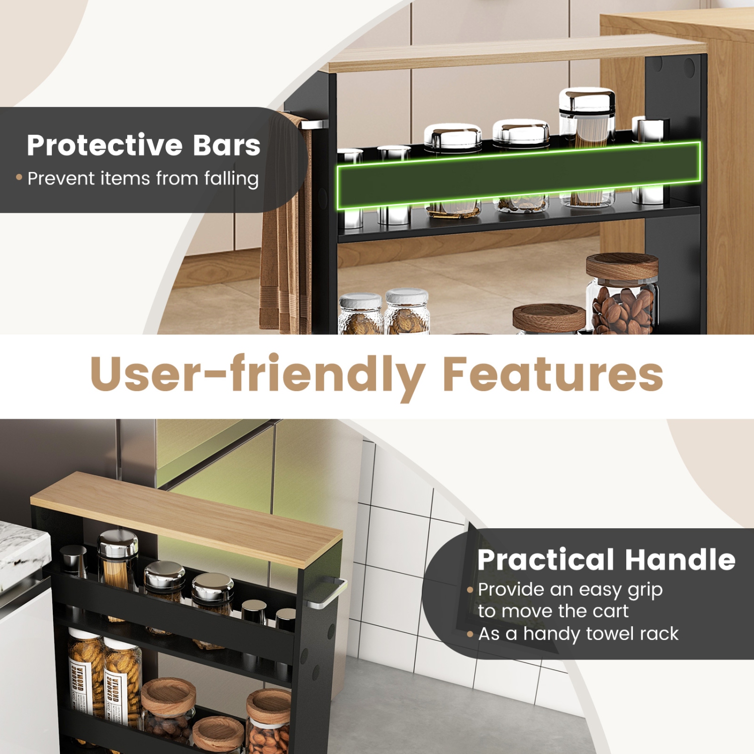 Costway Rolling Kitchen Slim Storage Cart Mobile Shelving Organizer with Handle