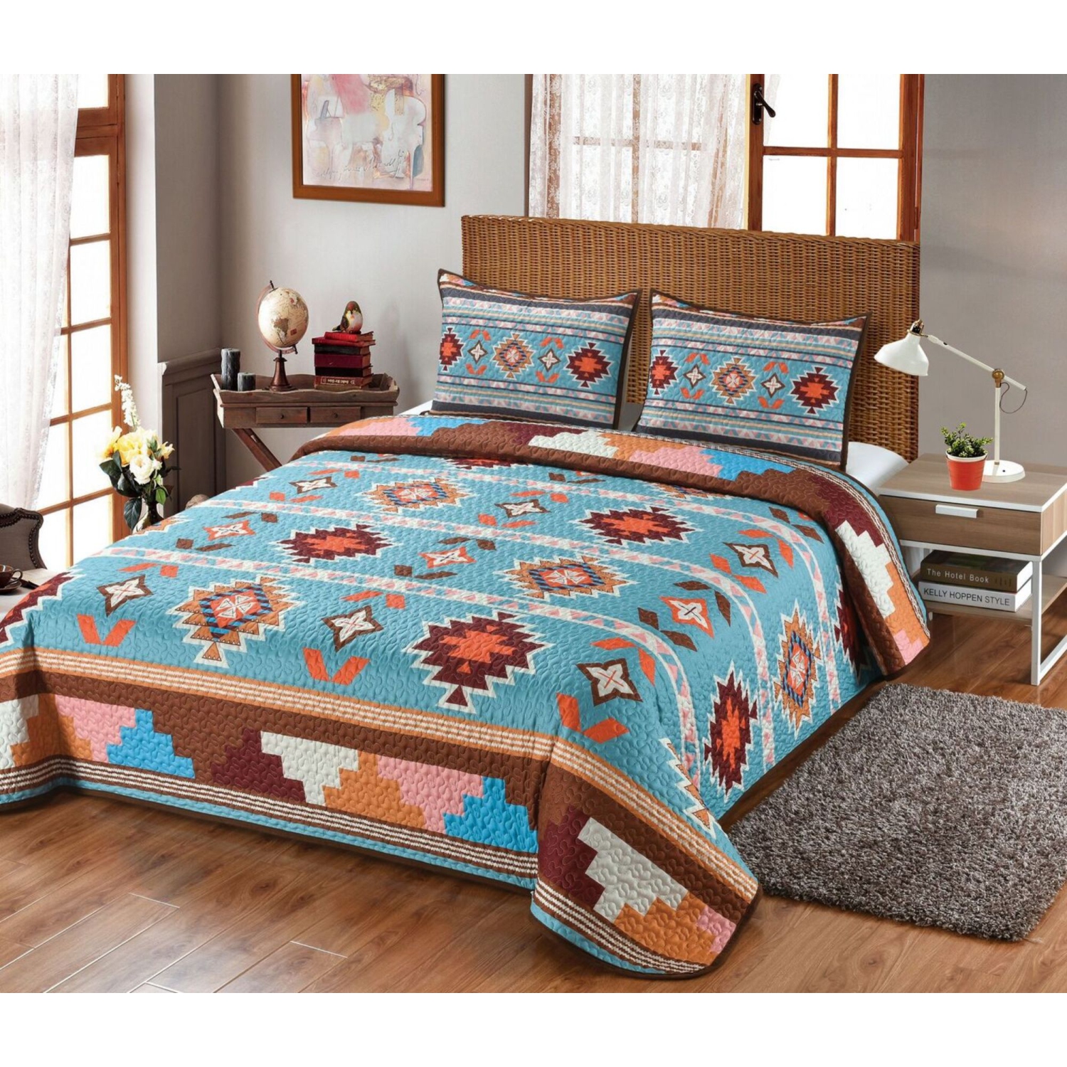 90" Blue and Orange Southwestern Beauty Queen Bedding Set
