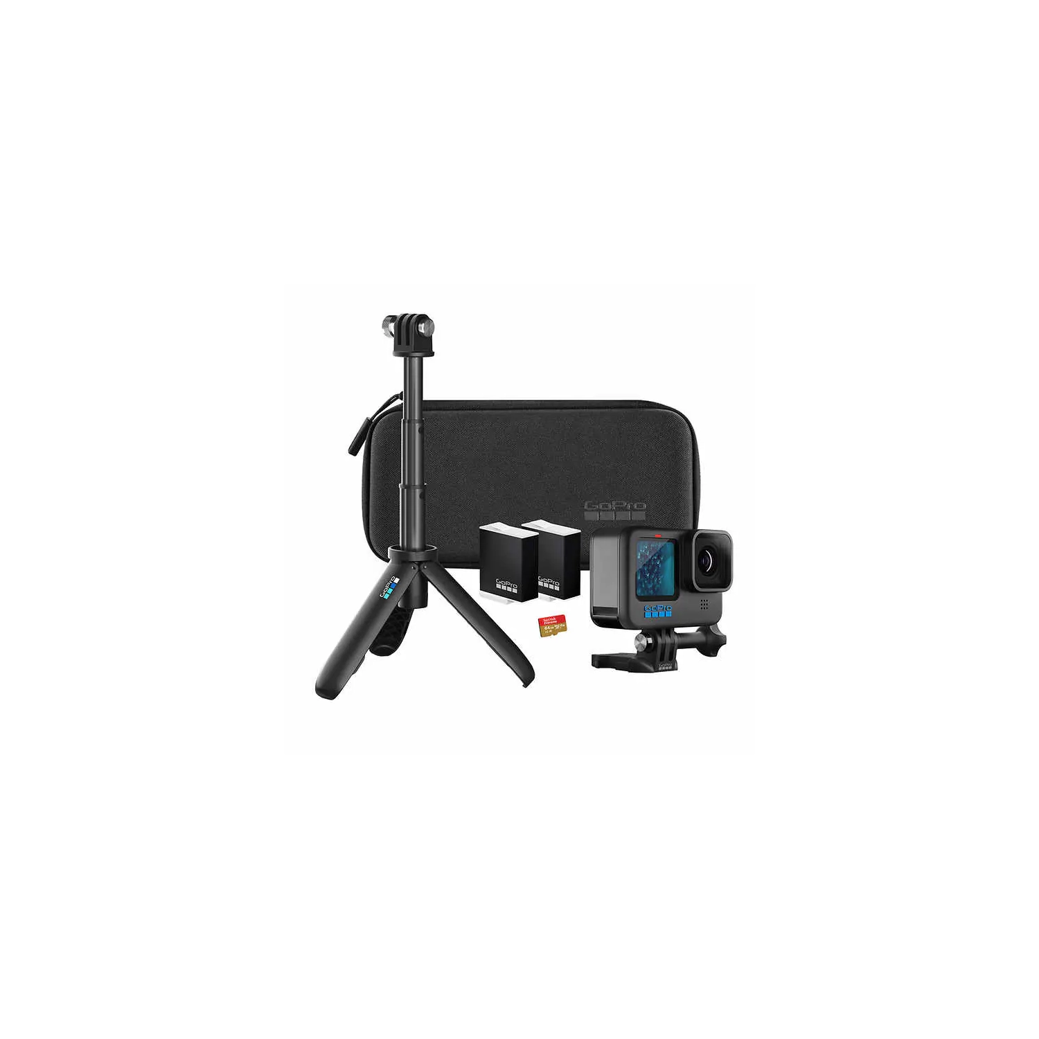 GoPro HERO11 Black - Essential Bundle - GoPro HERO 11 Black + 2 extra Battery + Compact Case + 64 GB MicroSD Card + Extension Pole