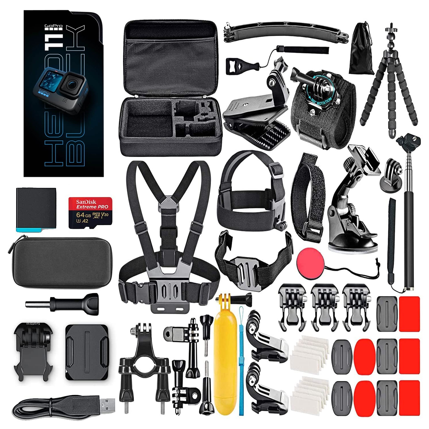 GoPro HERO11 Black MEGA Bundle - GoPro HERO 11 Black / 2 Gopro Battery + The Handler Tripod + Compact Case + Travel Case & 50 Action Camera Accessory