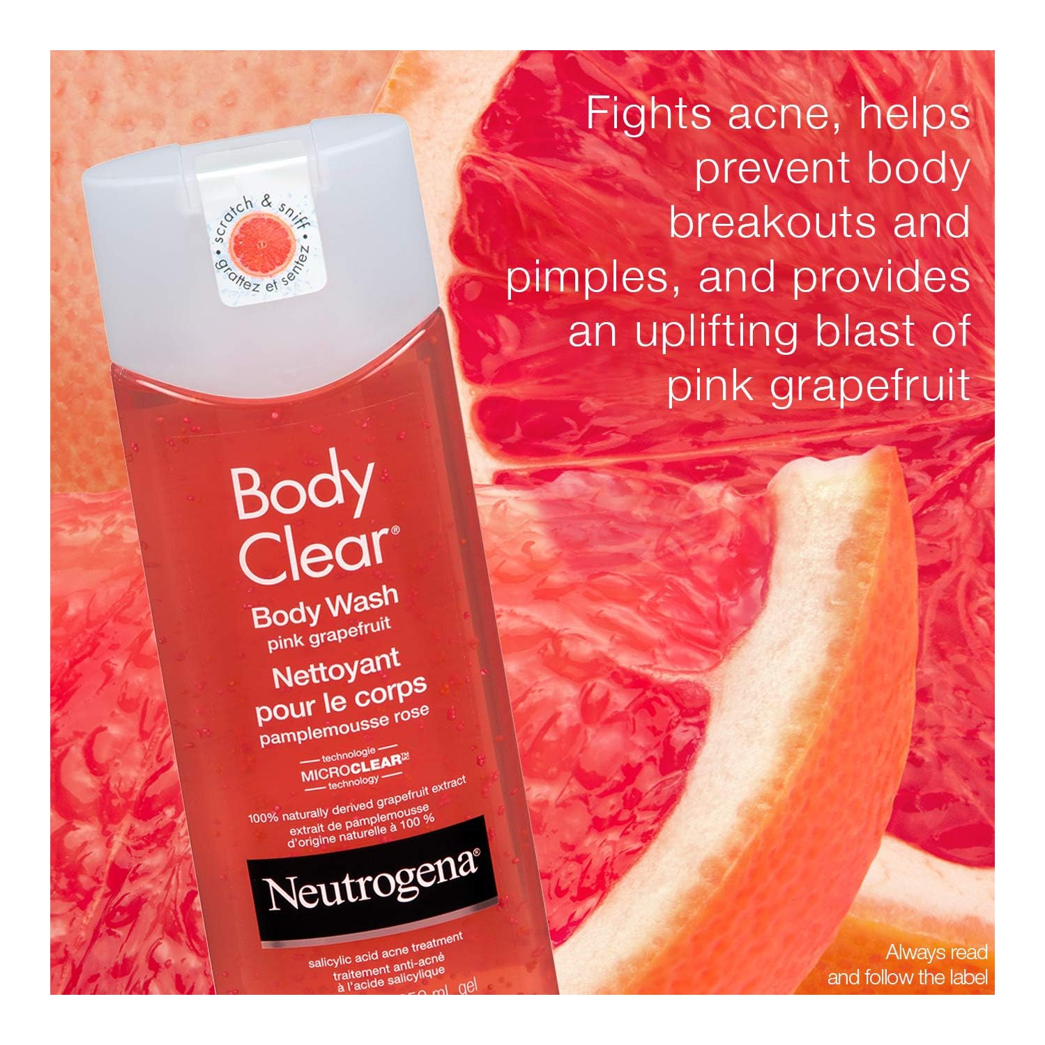Neutrogena Body Clear Acne Body Wash - Maximum Strength Salicylic Acid, Vitamin C - Oil Free - Pink Grapefruit Scent - 250ml