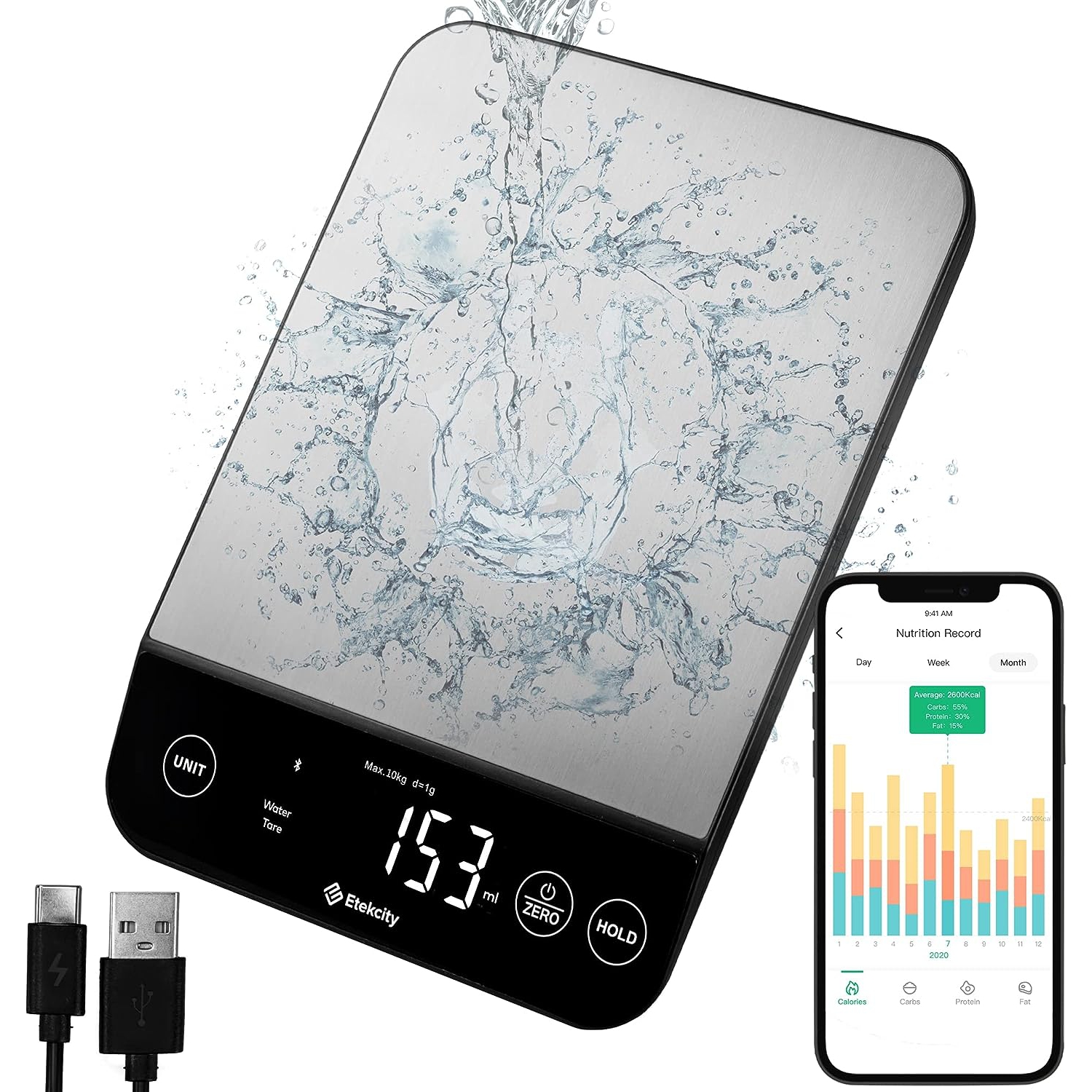 Etekcity Luminary 22lb Food Nutrition Bluetooth Kitchen Digital Scale, Waterproof, Rechargeable, Ounces and Grams for Weight Loss, Cooking, 304