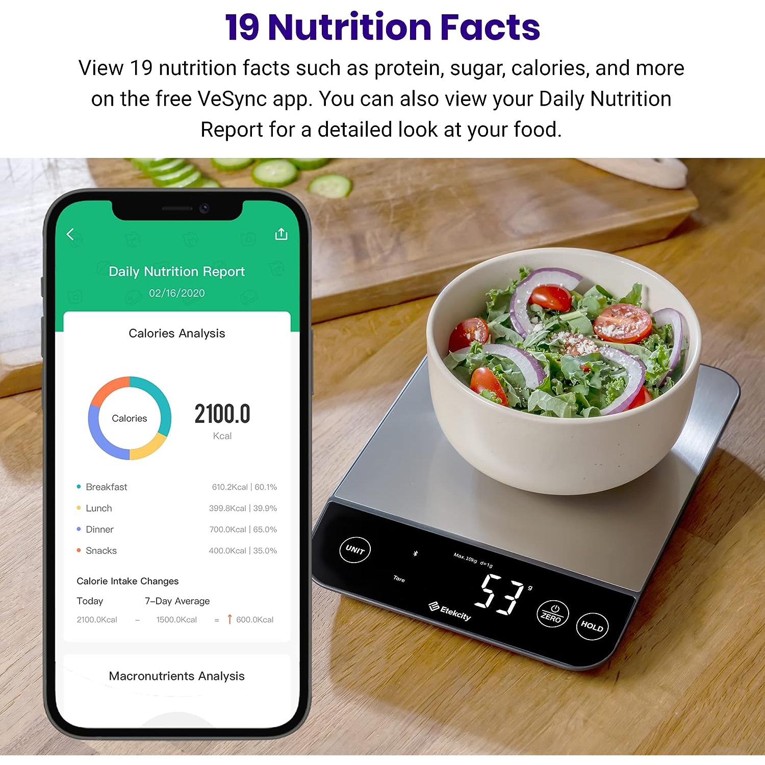 Etekcity Luminary 22lb Food Nutrition Bluetooth Kitchen Digital Scale, Waterproof, Rechargeable, Ounces and Grams for Weight Loss, Cooking, 304