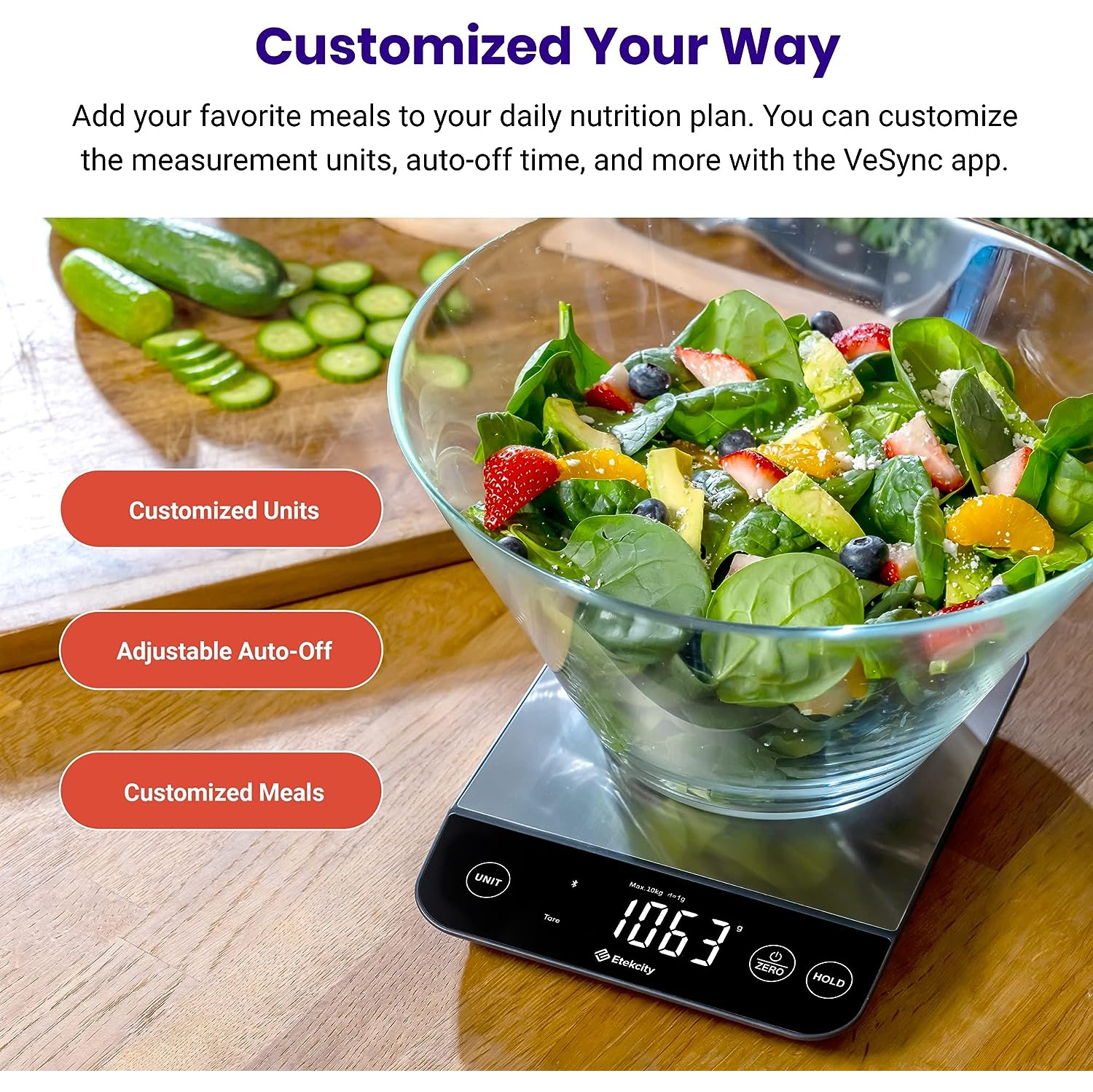Etekcity Luminary 22lb Food Nutrition Bluetooth Kitchen Digital Scale, Waterproof, Rechargeable, Ounces and Grams for Weight Loss, Cooking, 304