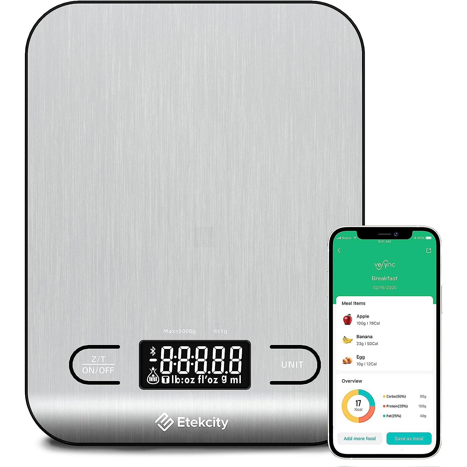 Etekcity Luminary 11lb Food Kitchen Digital Scale for Weight Loss, IPX6 Waterproof, Rechargeable, Ounces and Grams for Cooking Baking, 0.05oz/1g