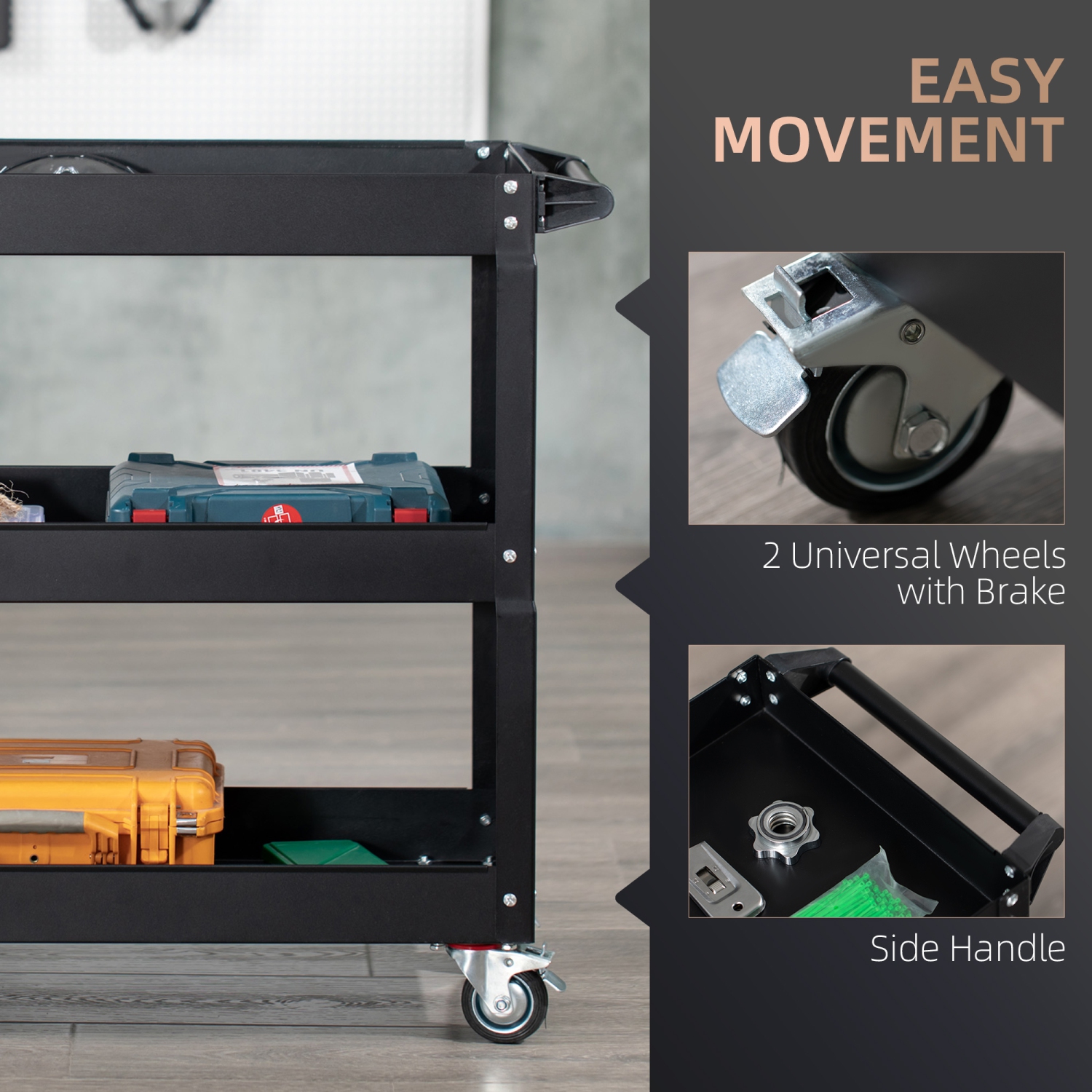 Chariot à outils roulant à 3 niveaux avec roues, chariot utilitaire robuste de 330 LB, chariot de service mobile en acier pour garage, mécanicien et