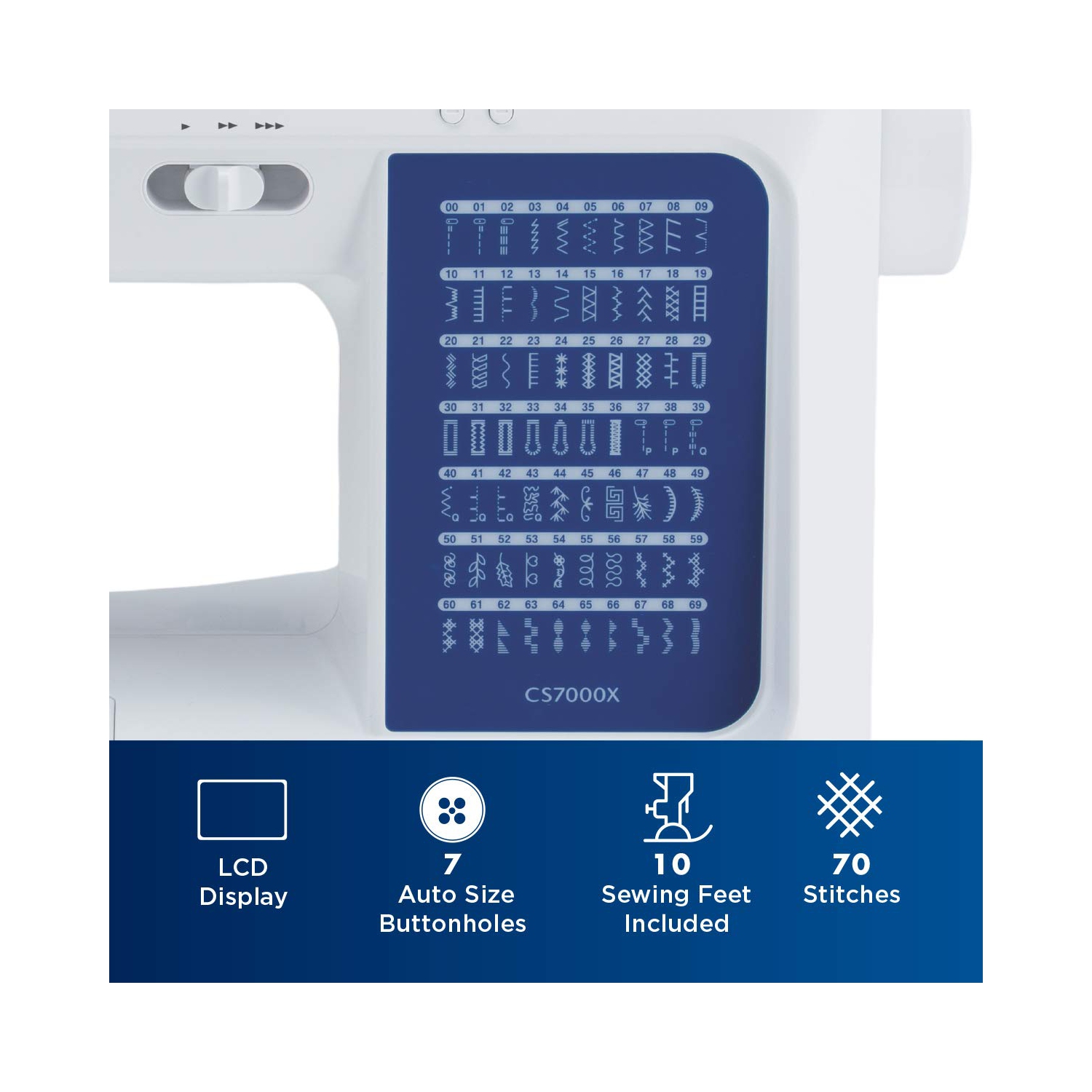 Brother CS7000X Computerized Sewing and Quilting Machine, 70 Built-in Stitches, LCD Display, Wide Table, 10 Included Feet, White