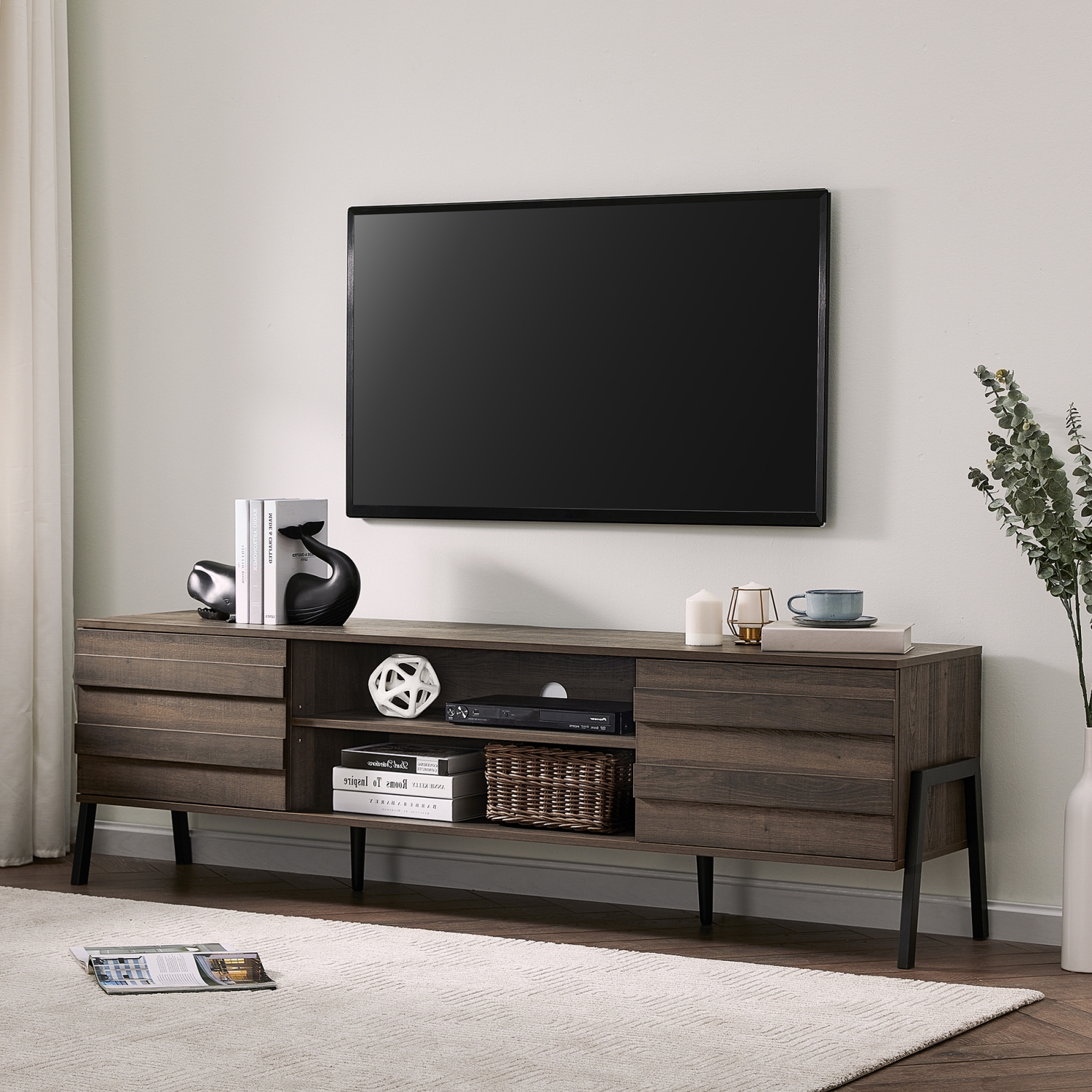 WAMPAT Mid-Century Modern TV Stand for TVs up to 75" Flat Screen Wood TV Console Media Cabinet with Storage, Home Entertainment Center in Brown for Living Room Bedroom, 70 inch