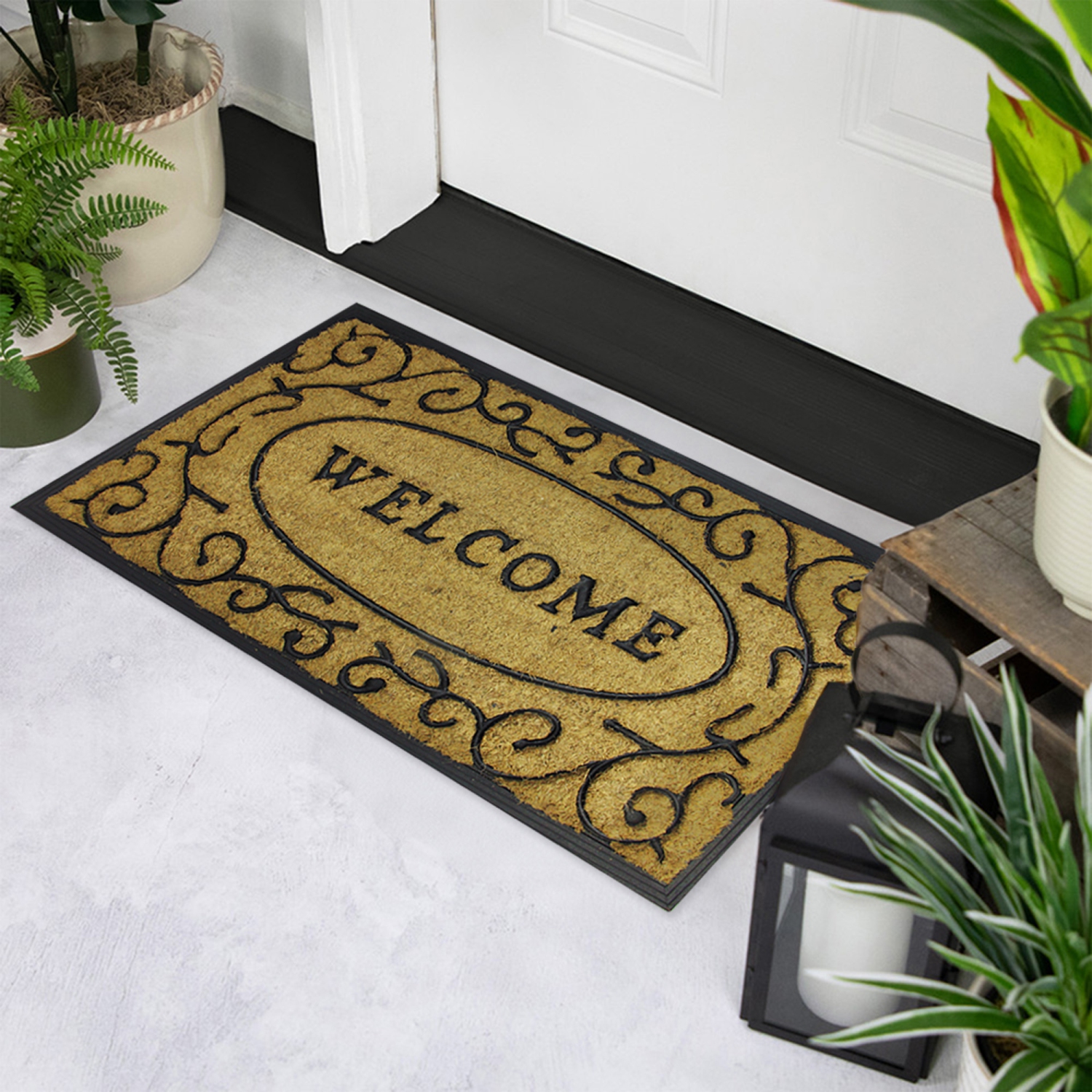 Brown and Black Welcome with Black Scrollwork Doormat 18" x 30"