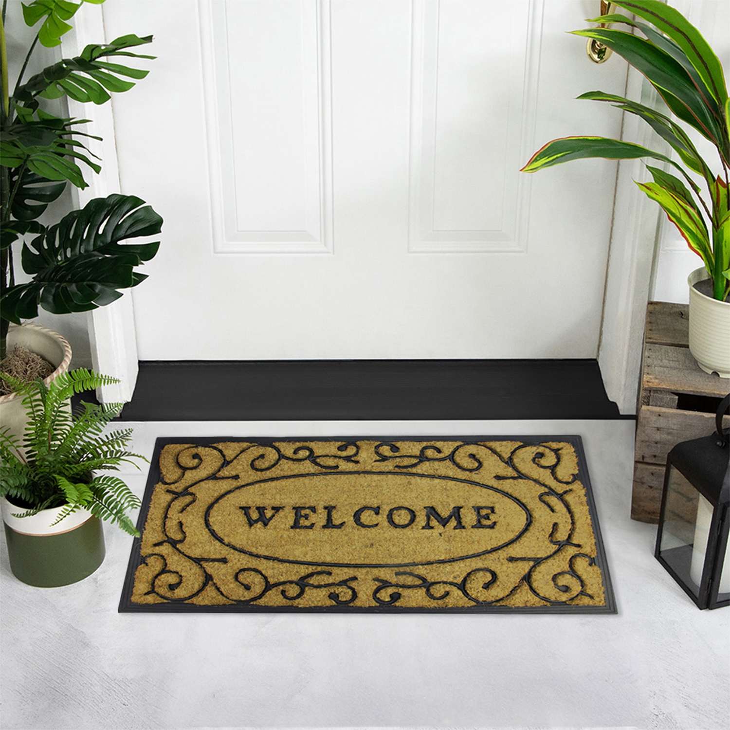 Brown and Black Welcome with Black Scrollwork Doormat 18" x 30"