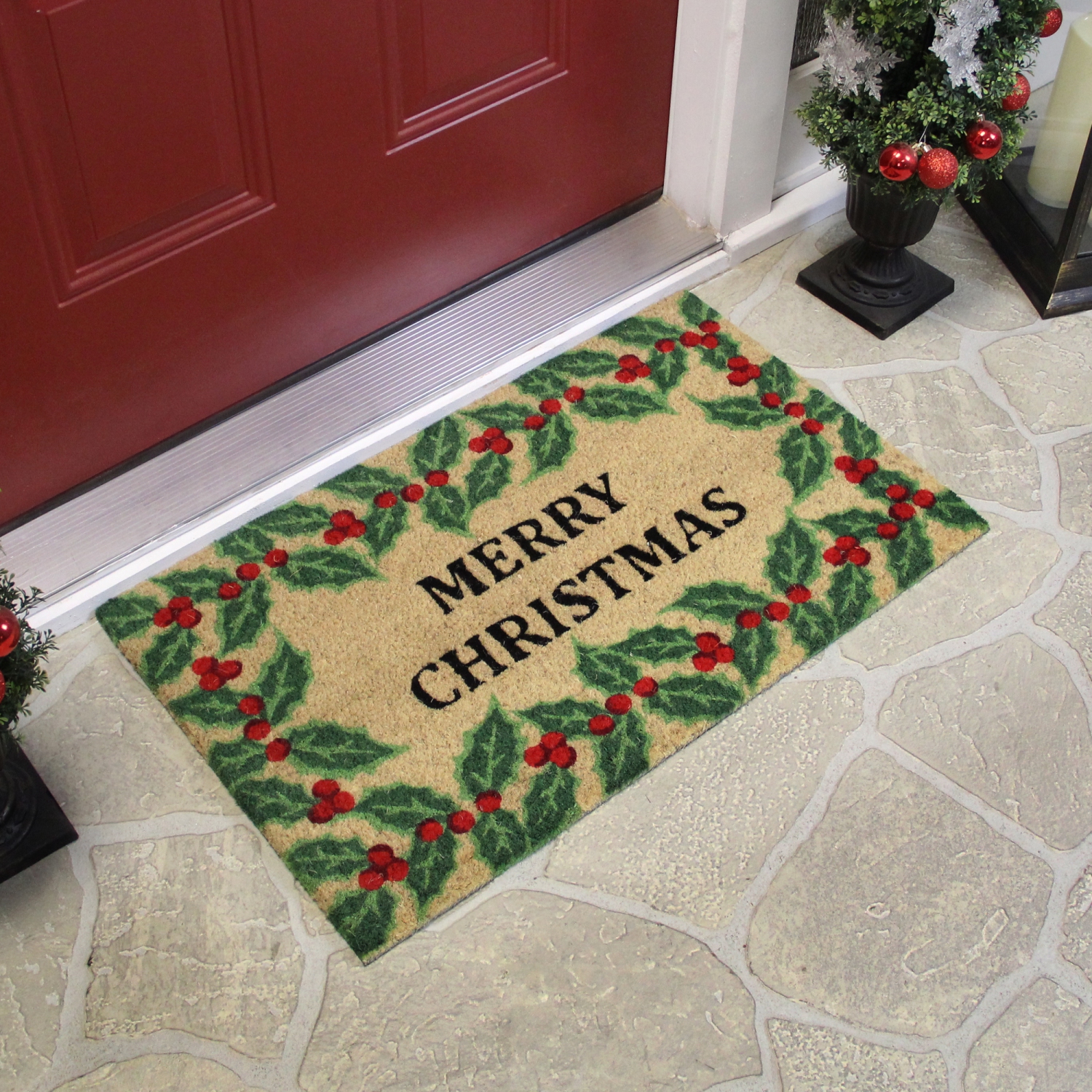 Natural Coir Holly Berries "Merry Christmas" Doormat 18" x 30"