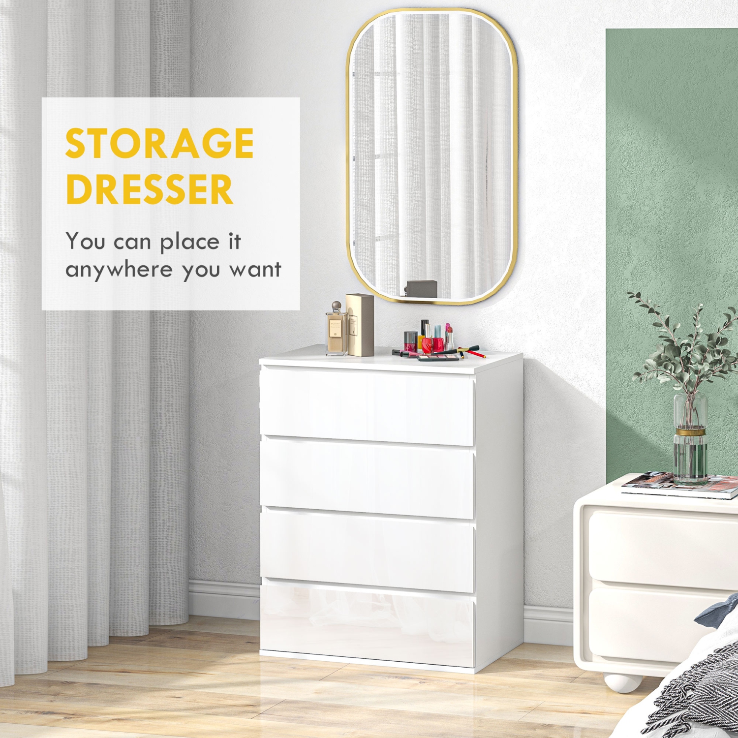 Commode de HOMCOM pour chambre à coucher avec 4 tiroirs, coffre à tiroirs très lustré avec glissières en métal et poignées rainurées pour salon,