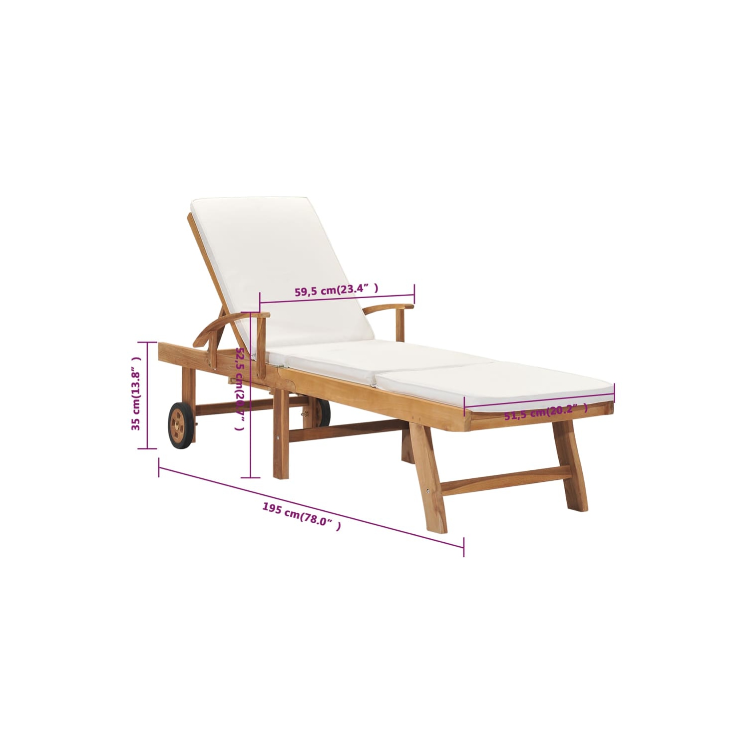 Chaise longue pour soleil avec coussin en teck massif crème
