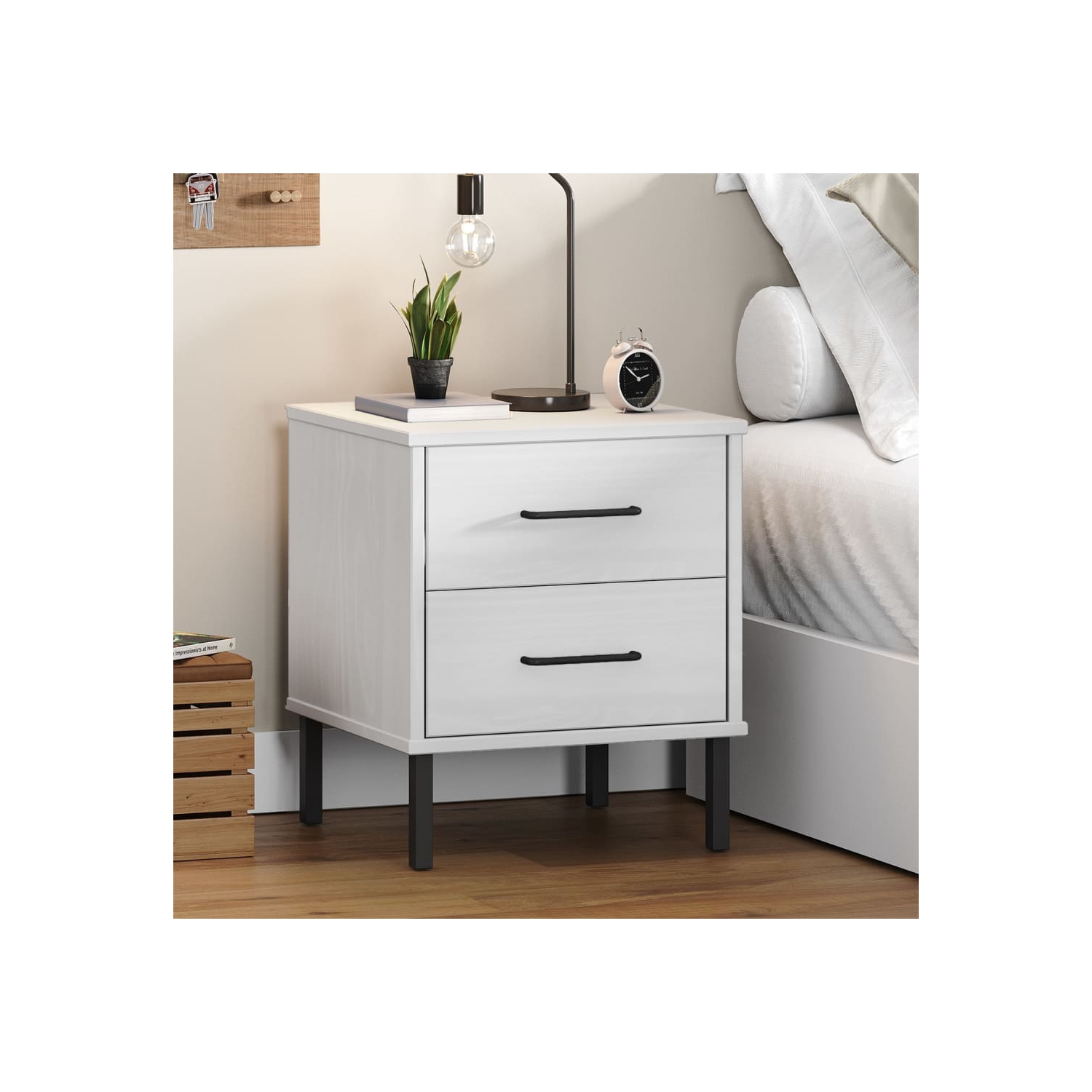 vidaXL Bedside Cabinet with Metal Legs White Solid Wood Pine OSLO