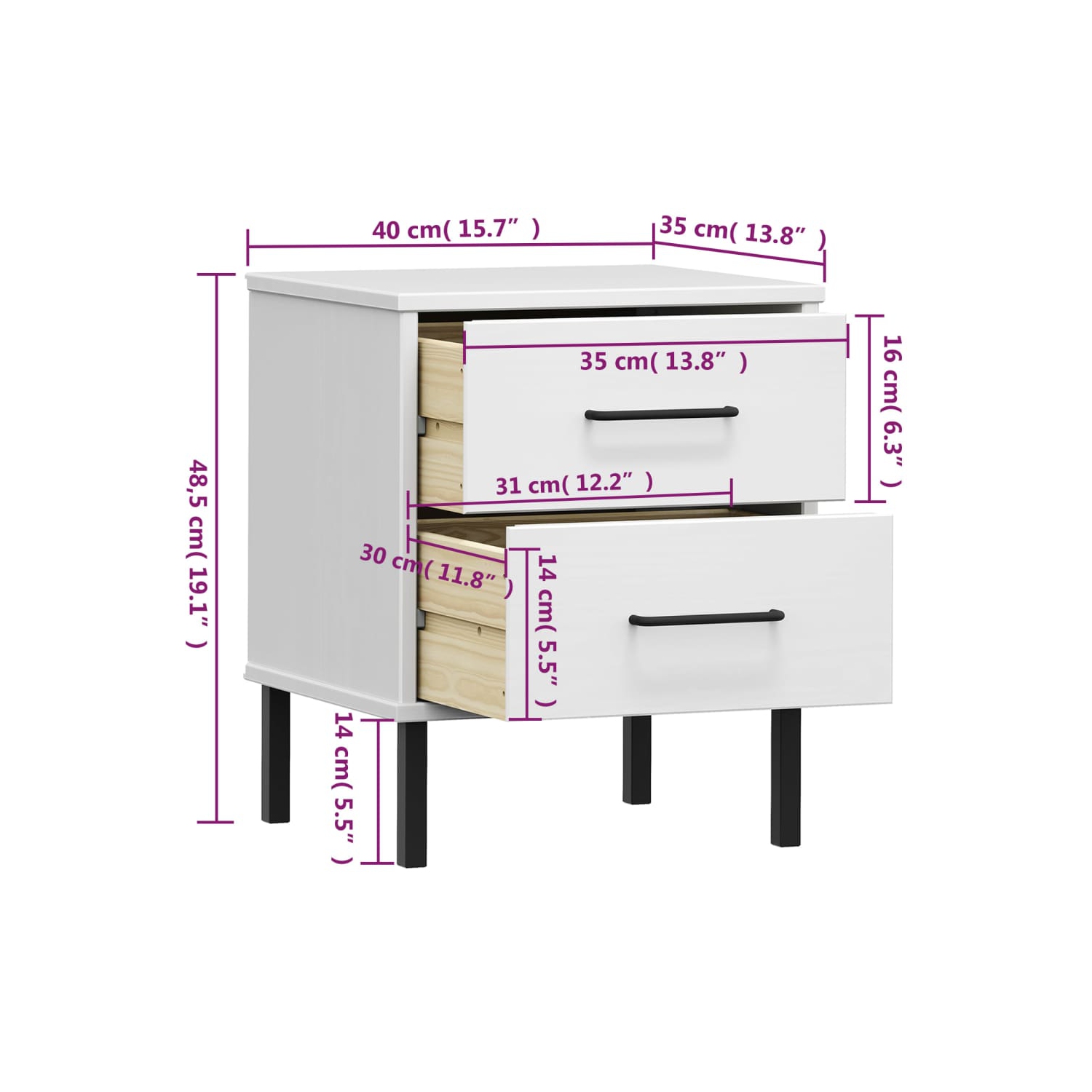 vidaXL Bedside Cabinet with Metal Legs White Solid Wood Pine OSLO
