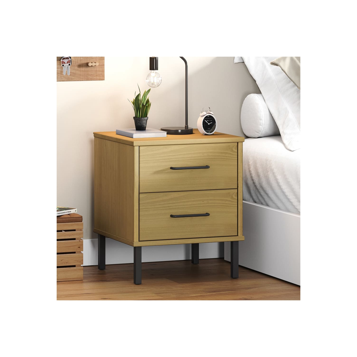 vidaXL Bedside Cabinet with Metal Legs Brown Solid Wood Pine OSLO