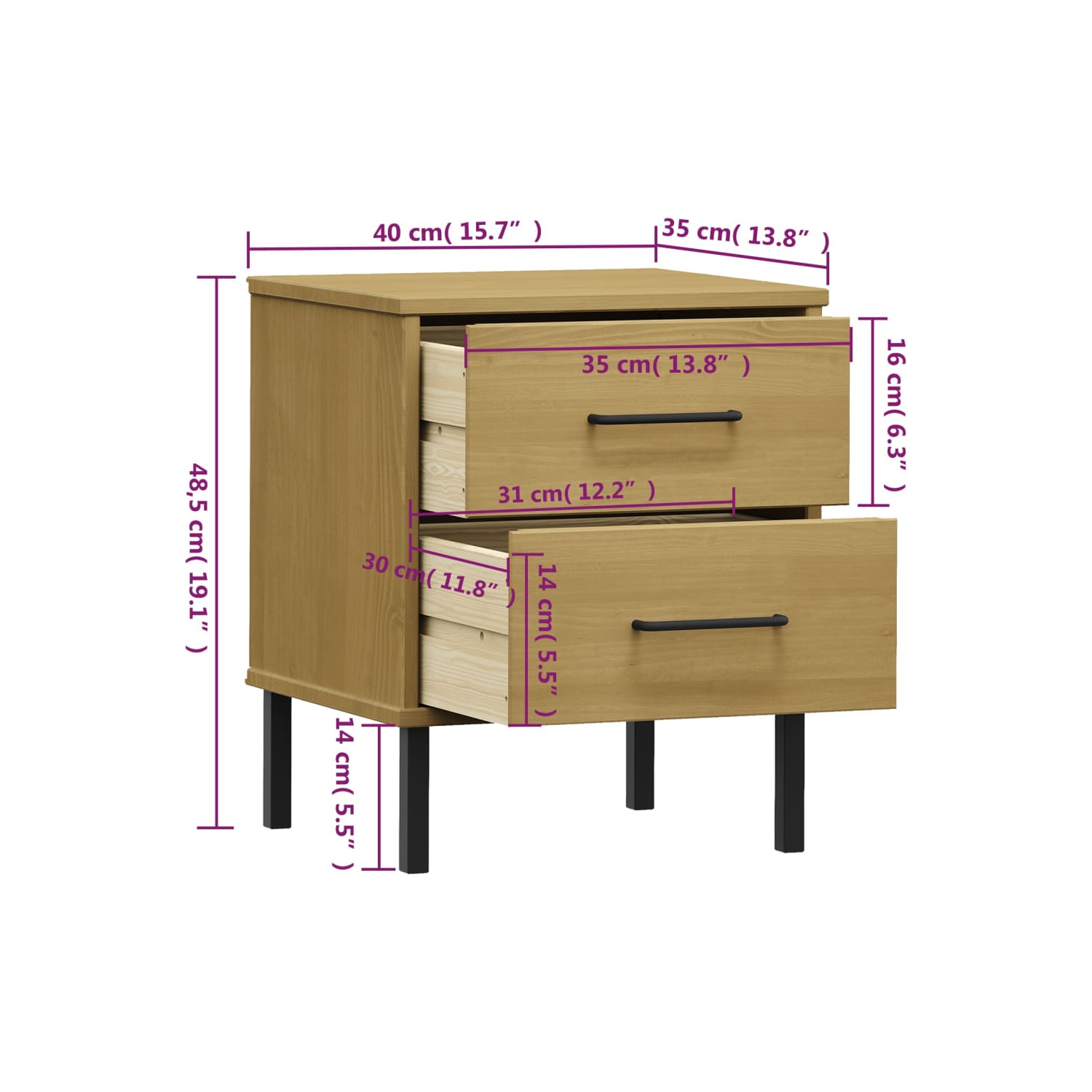 vidaXL Bedside Cabinet with Metal Legs Brown Solid Wood Pine OSLO