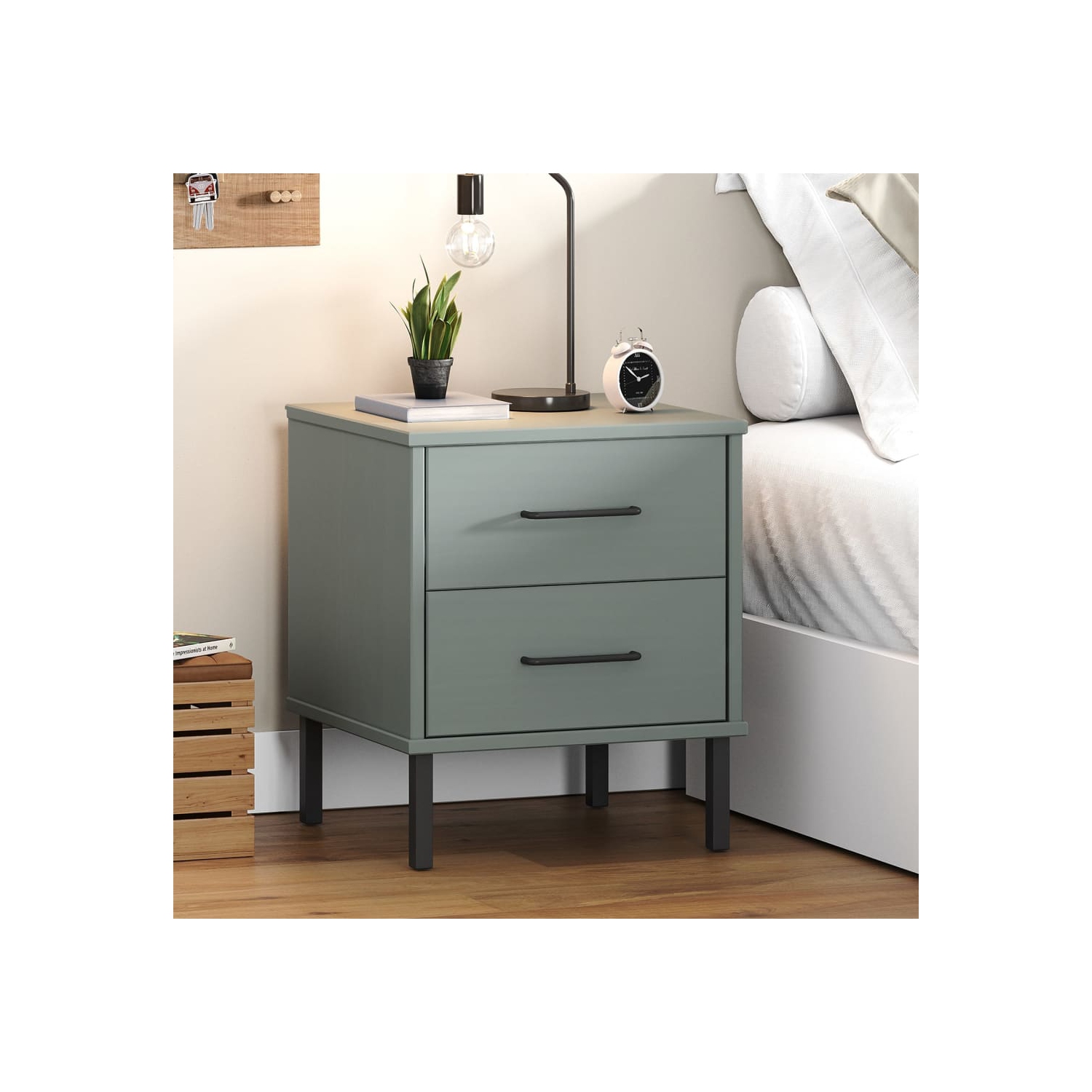 vidaXL Bedside Cabinet with Metal Legs Grey Solid Wood Pine OSLO