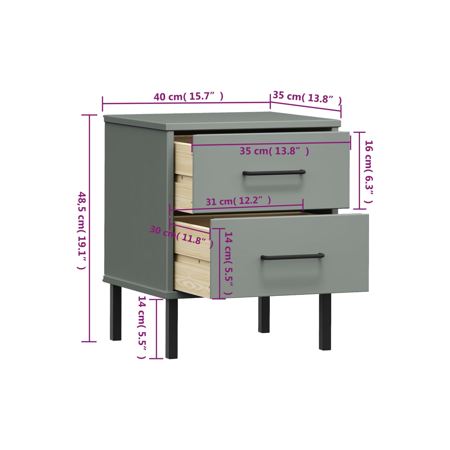 vidaXL Bedside Cabinet with Metal Legs Grey Solid Wood Pine OSLO