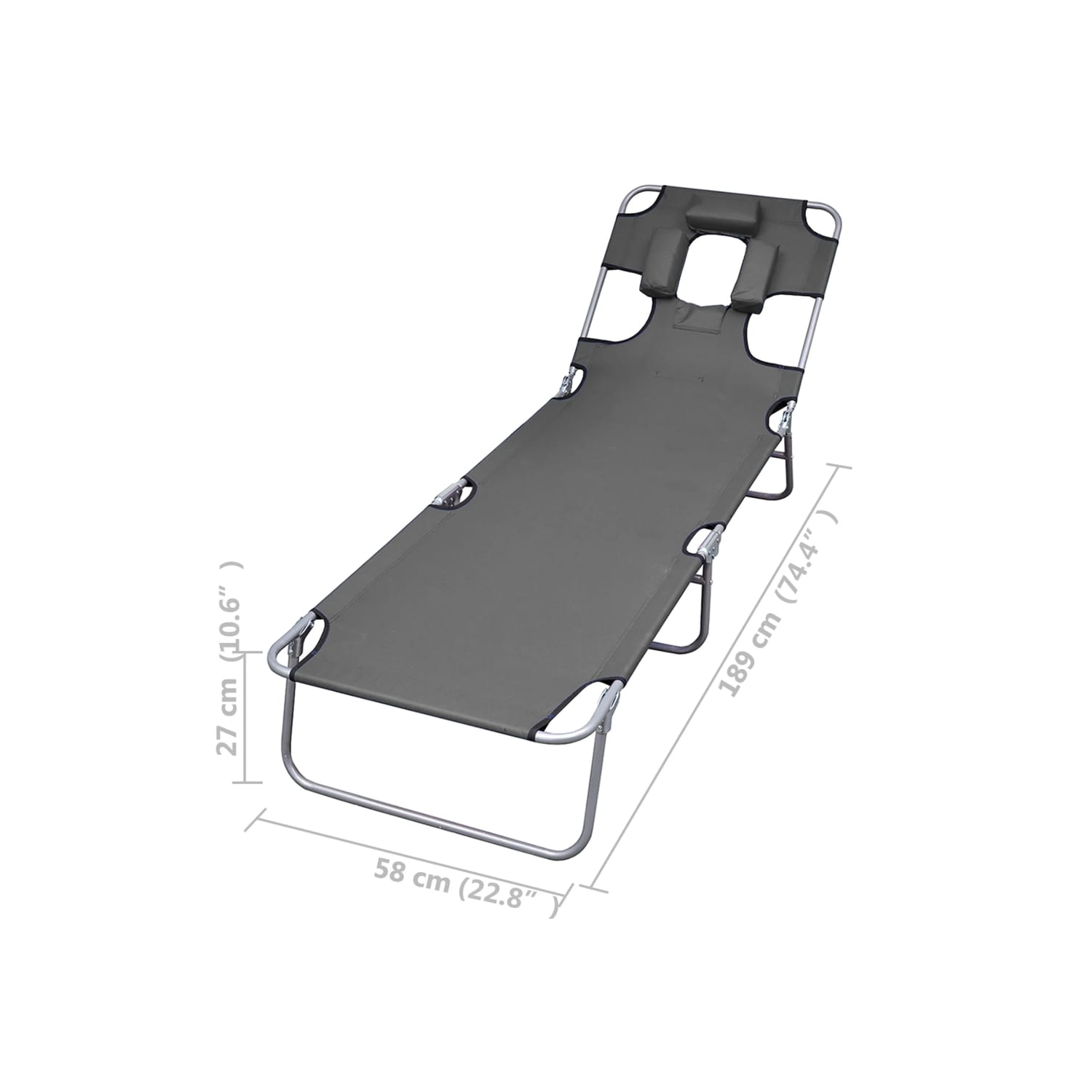 vidaXL Foldable Sunlounger with Head Cushion Adjustable Backrest Grey