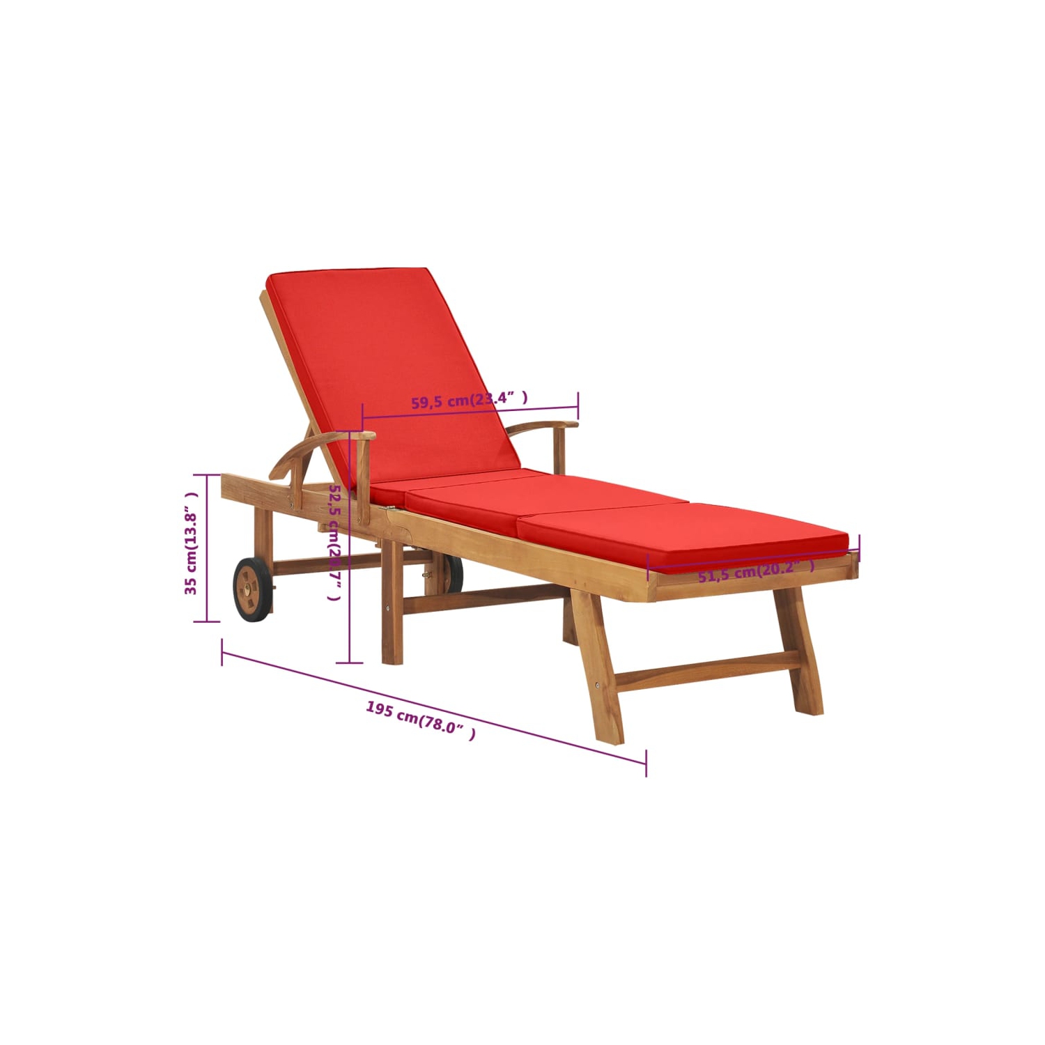 vidaXL Sun Lounger with Cushion Solid Teak Wood Red