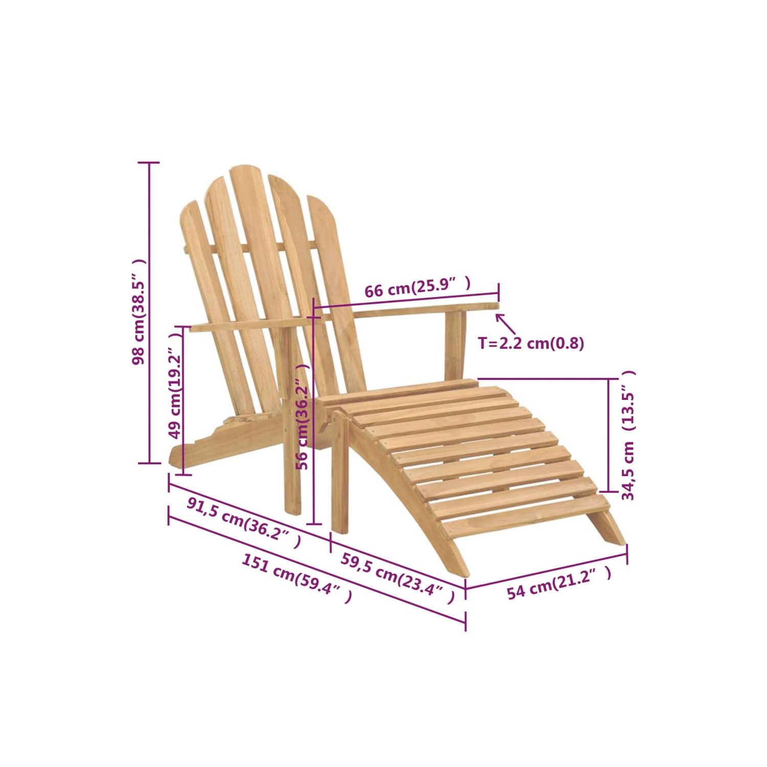 vidaXL Adirondack Chairs with Footrests 2 pcs Solid Wood Teak