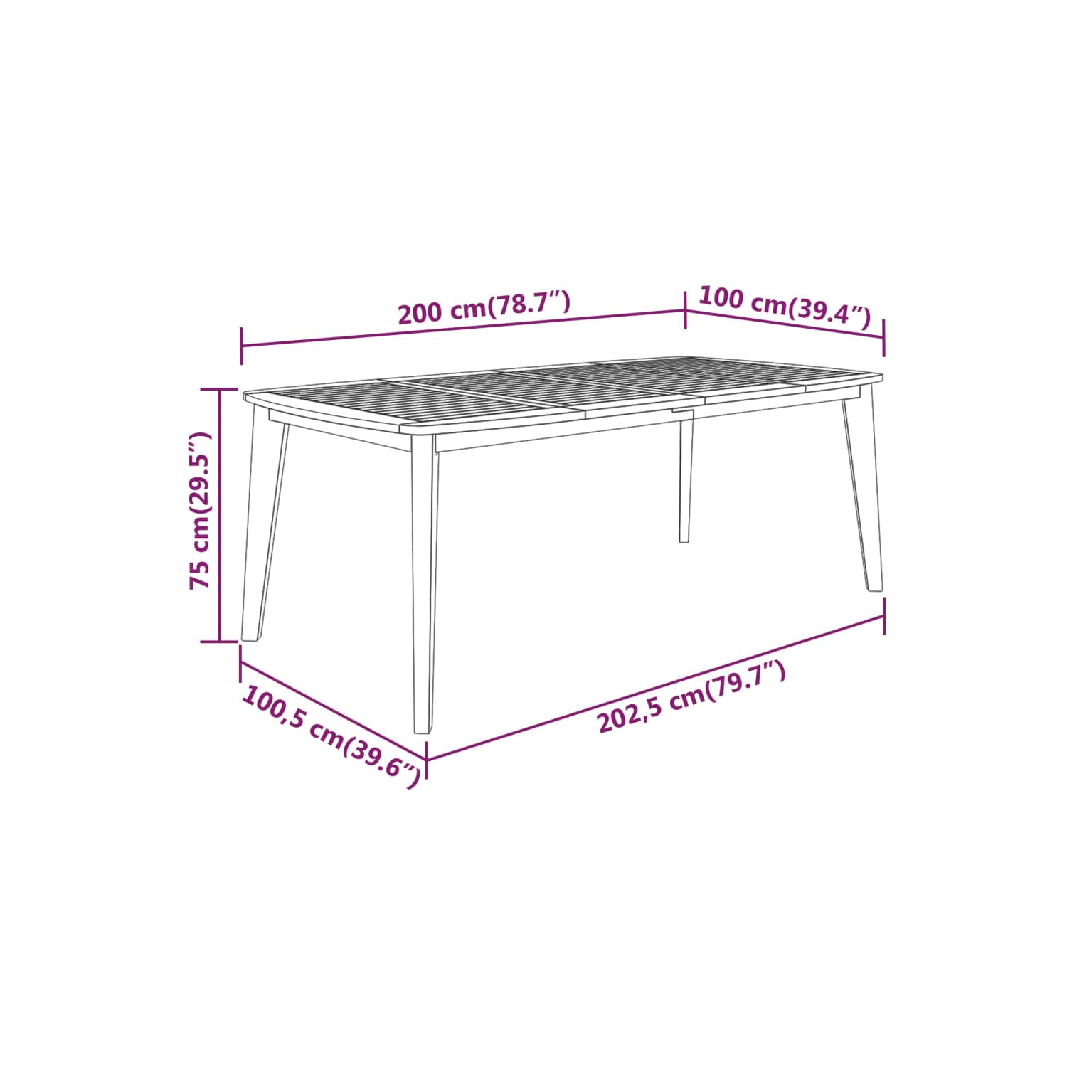 Table de jardin en bois d'acacia massif 75&nbsp;cm 200x100