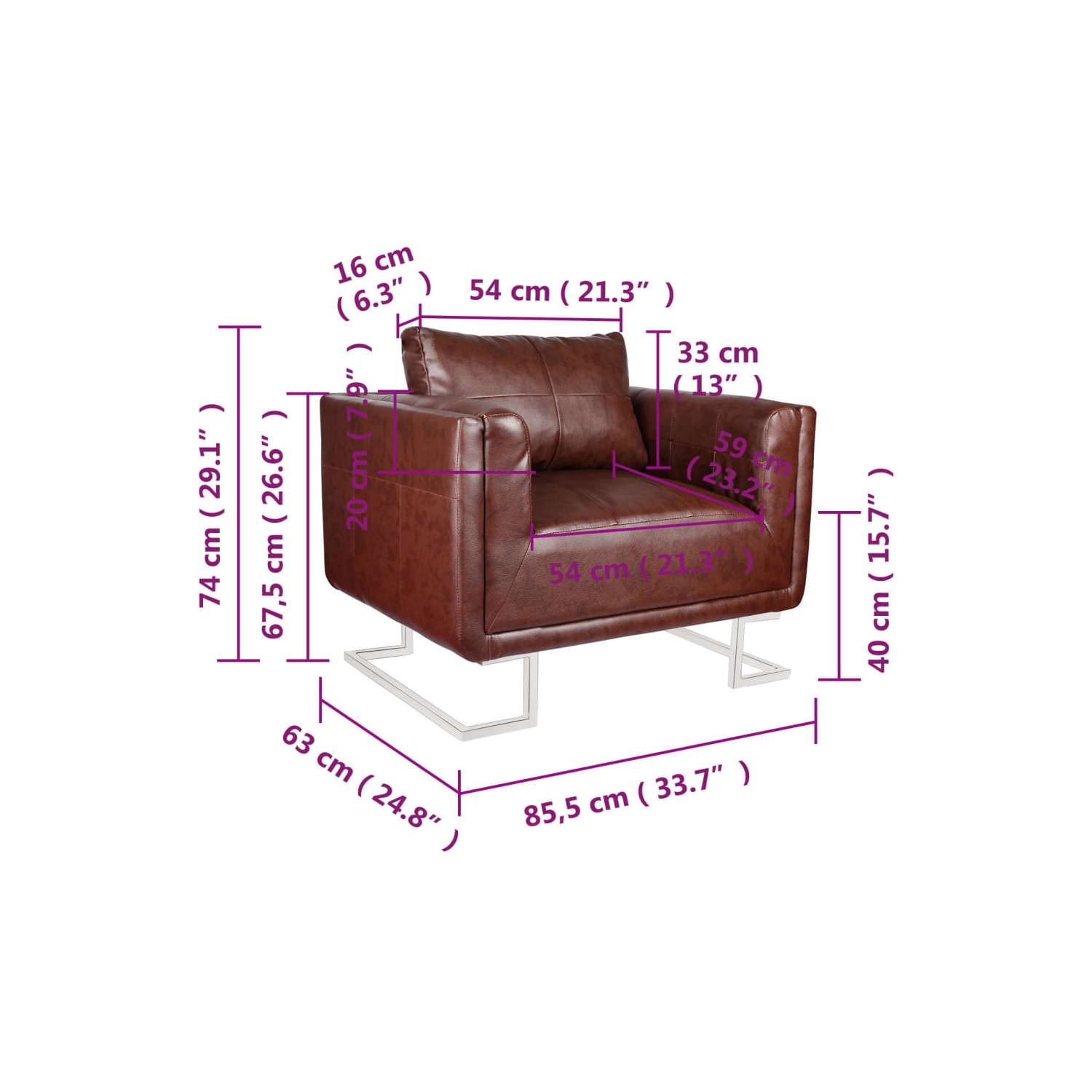 vidaXL Cube Armchair with Chrome Feet Brown Leather