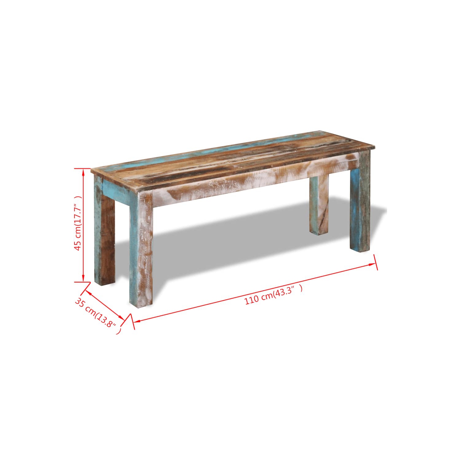 vidaXL Wooden Bench, Indoor/Outdoor Bench, Reclaimed Wood, 43.3"x13.8"x17.7", Multicolor