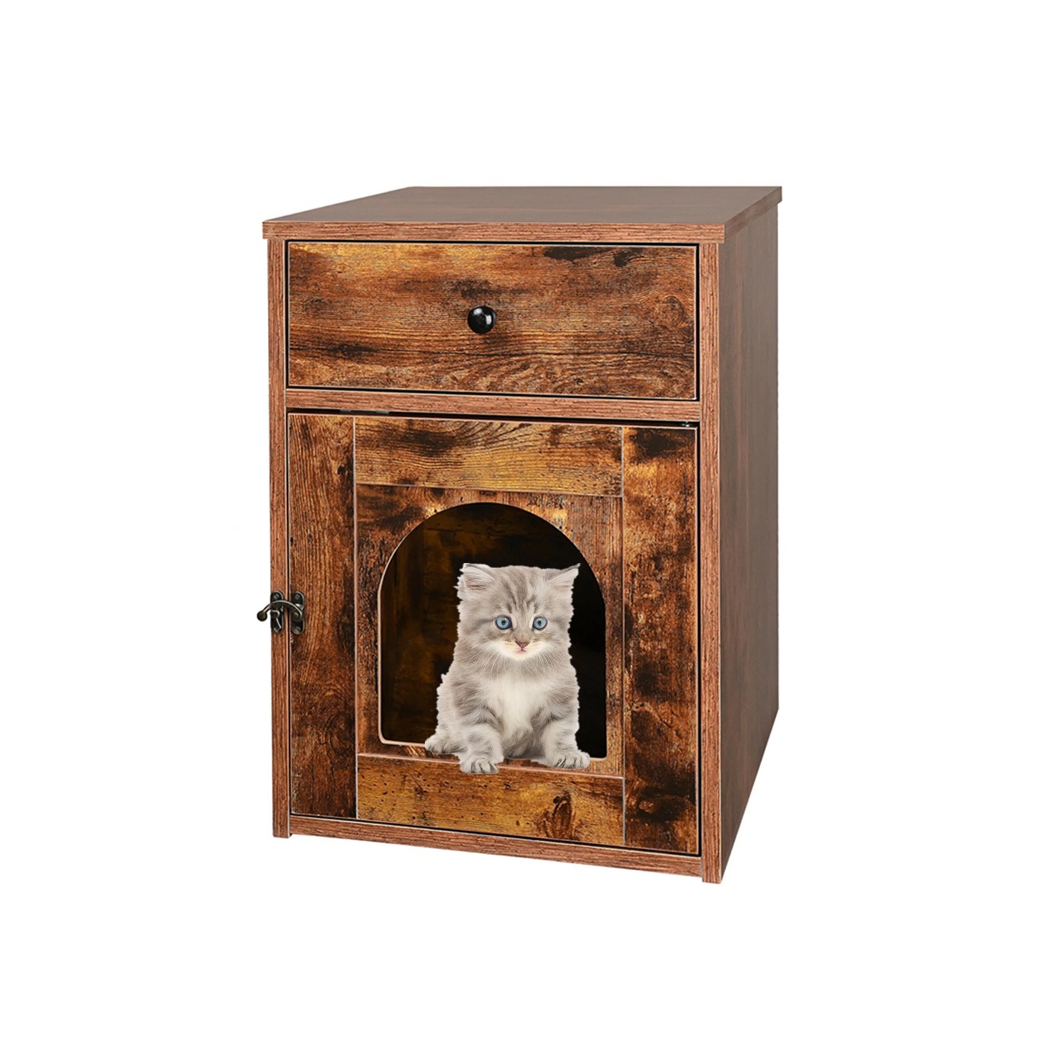 Wooden Cat Litter Box Furniture with Drawer and Door, Waterproof Hidden Cat House Box Indoor Cabinet Cat Washroom End Table Nightstand