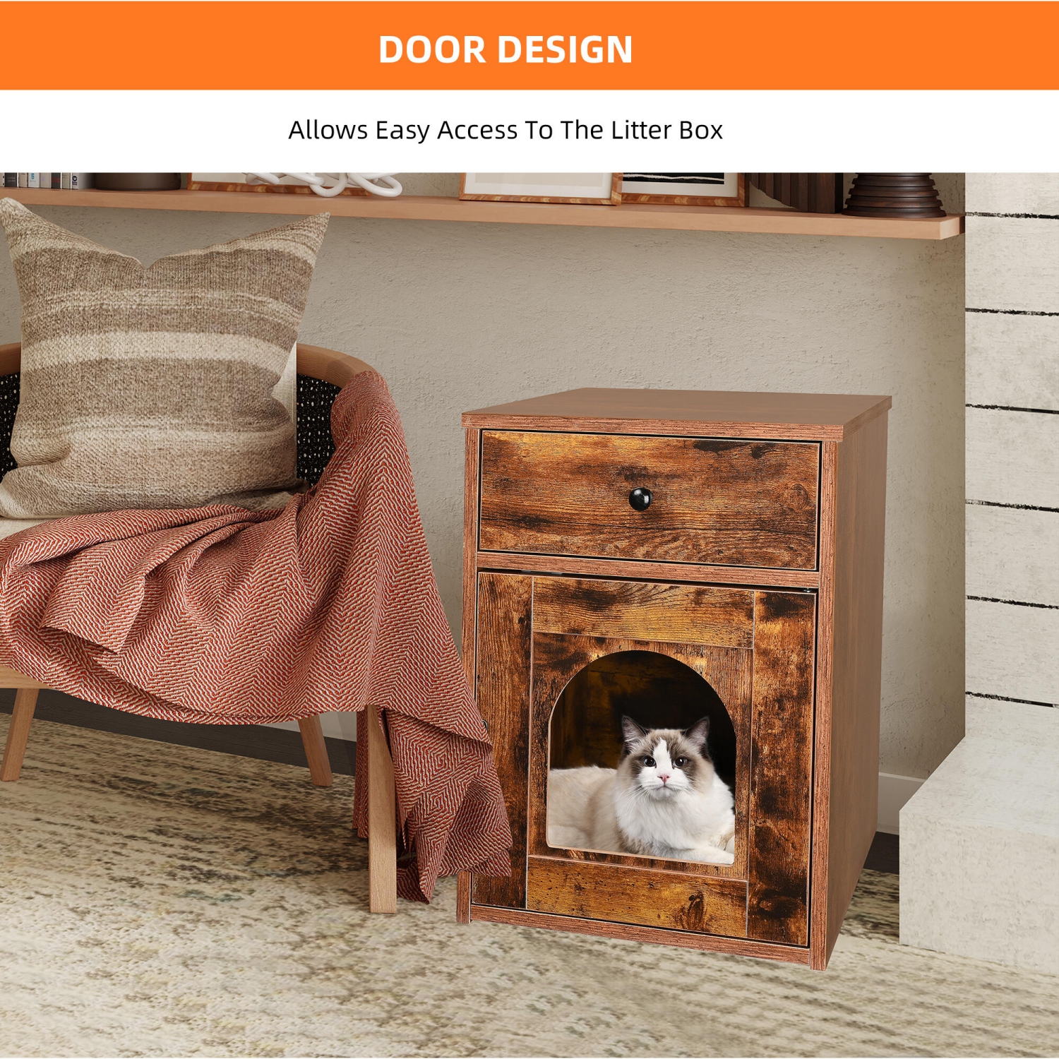Wooden Cat Litter Box Furniture with Drawer and Door, Waterproof Hidden Cat House Box Indoor Cabinet Cat Washroom End Table Nightstand