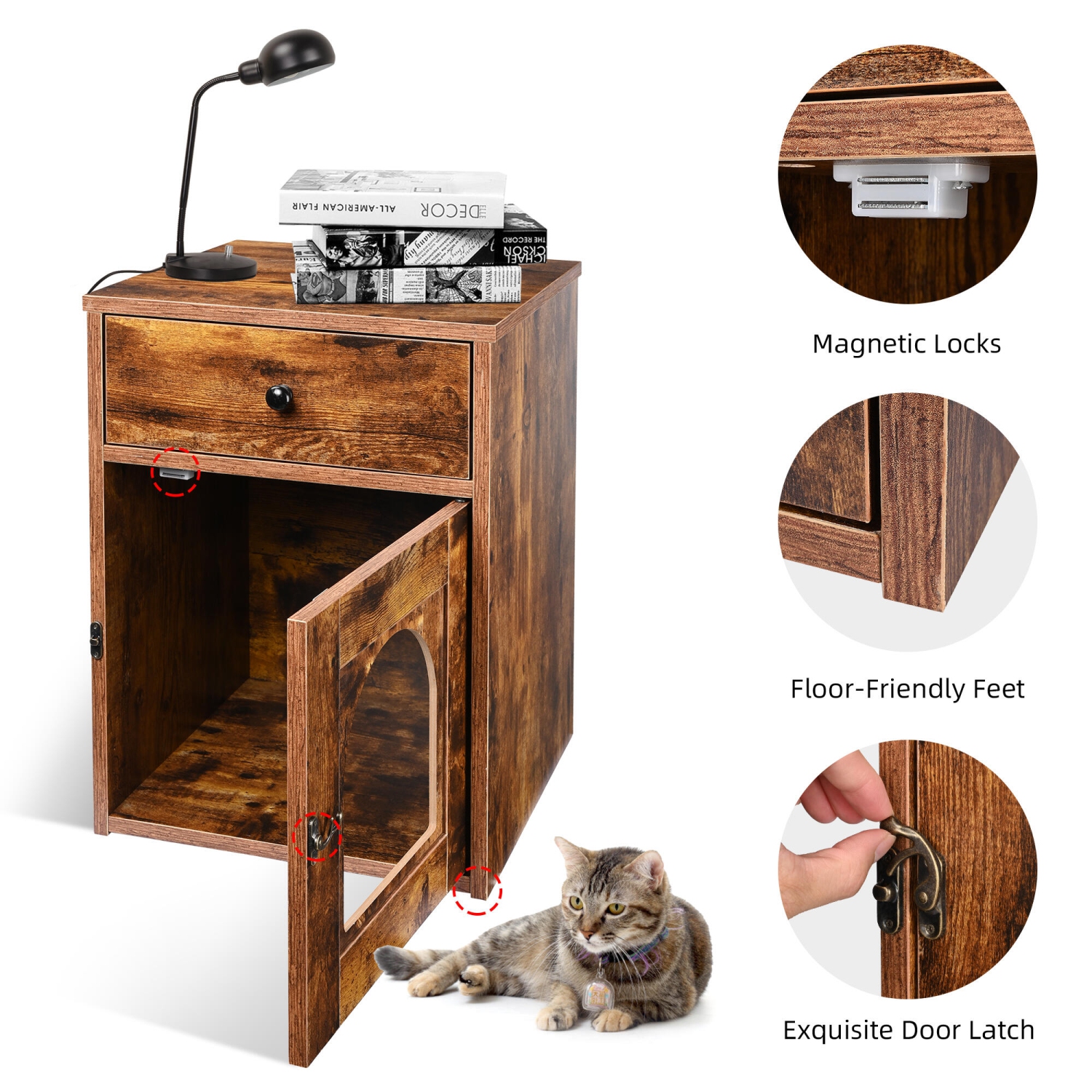Wooden Cat Litter Box Furniture with Drawer and Door, Waterproof Hidden Cat House Box Indoor Cabinet Cat Washroom End Table Nightstand