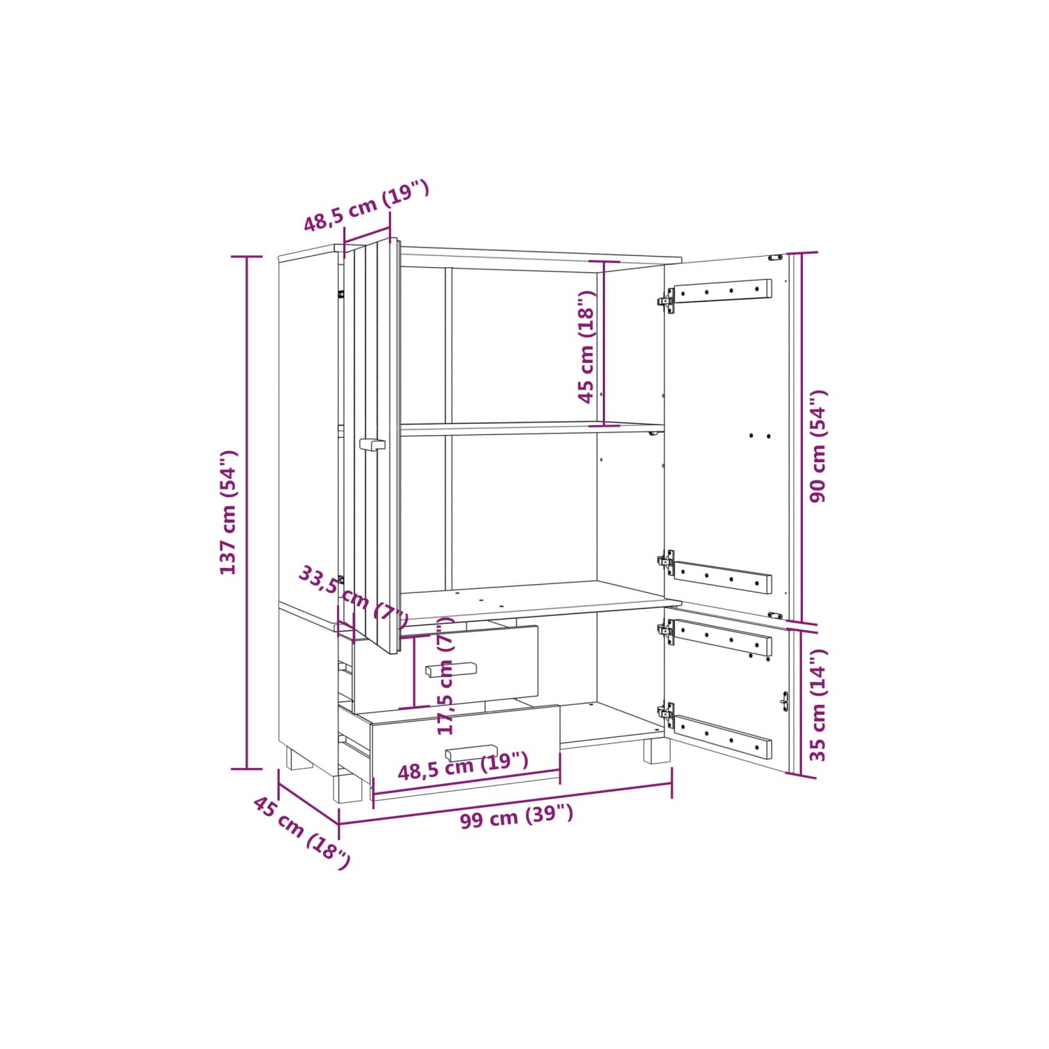 VidaXL Wardrobe HAMAR blanc 99x45x137&nbsp;cm pin massif