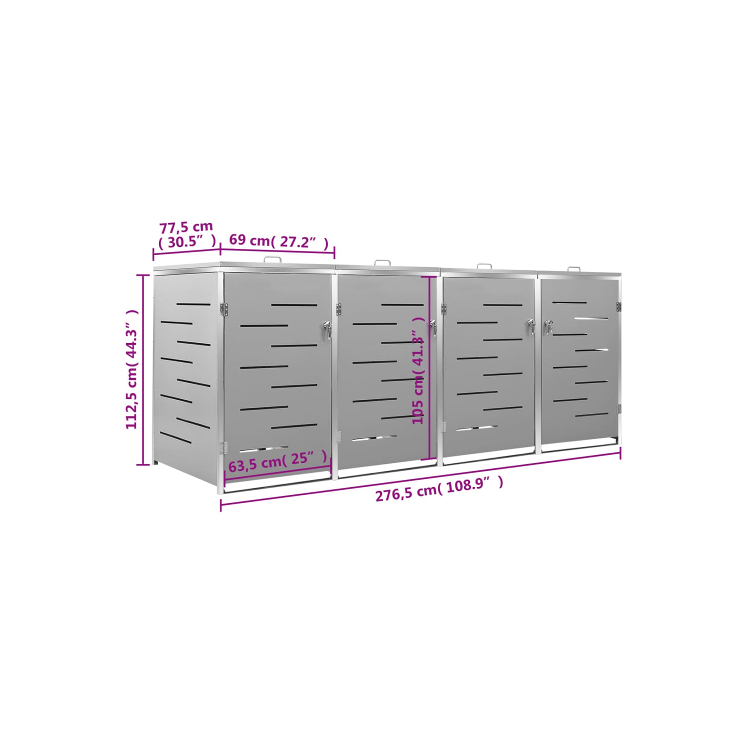VidaXL Quadruple avec couvercle de bac à roulettes 276.5x77.5x112,5 cm acier inoxydable