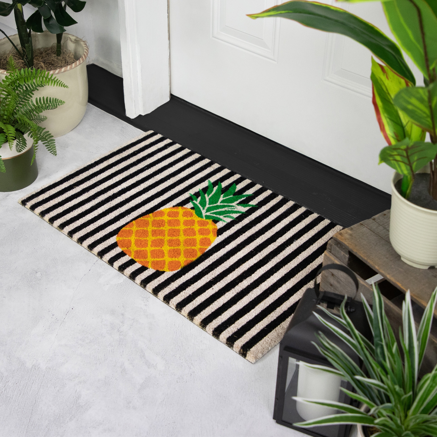 Tapis d'entrée d'été rayé ivoire et orange ananas/sapin naturel, 18 x 30 po