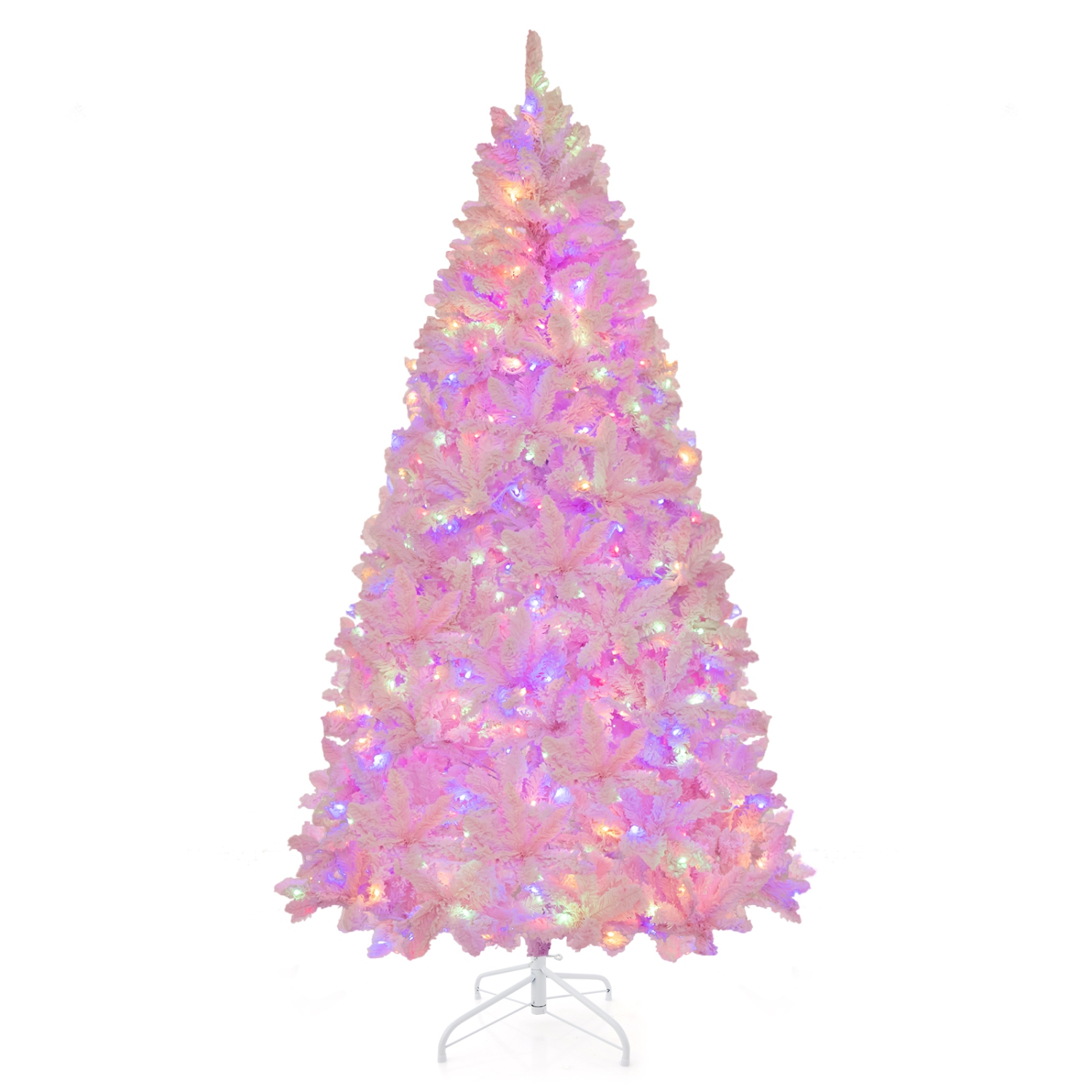 Costway 7 FT Flocked Artificial Christmas Tree Hinged with 500 LED Lights 1200 Branch Tips